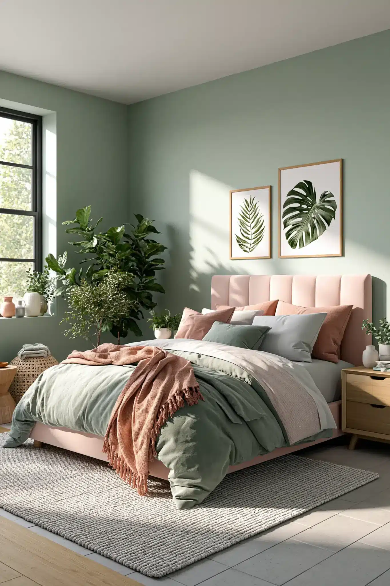 sage green and blush bedroom