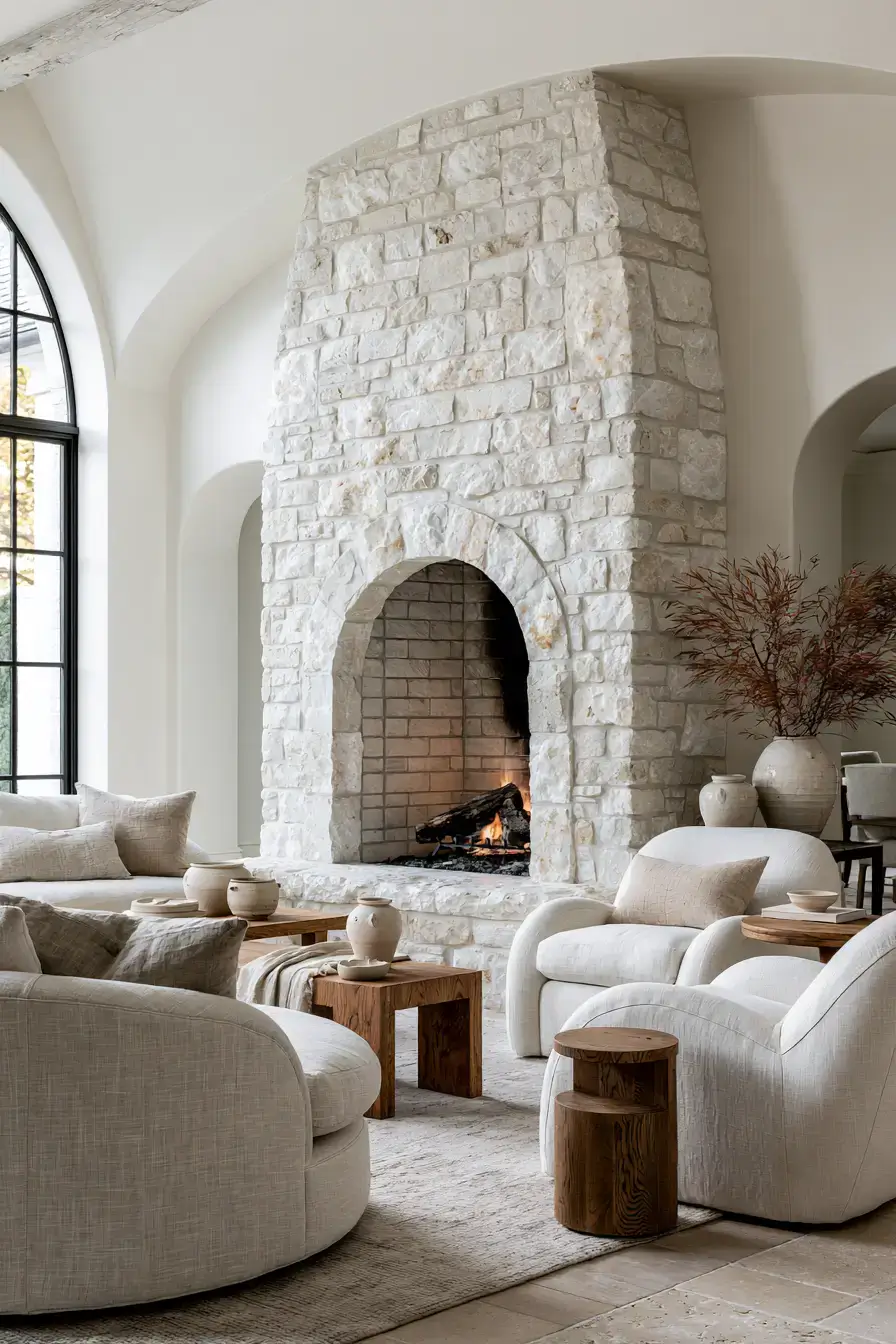 white stone fireplace