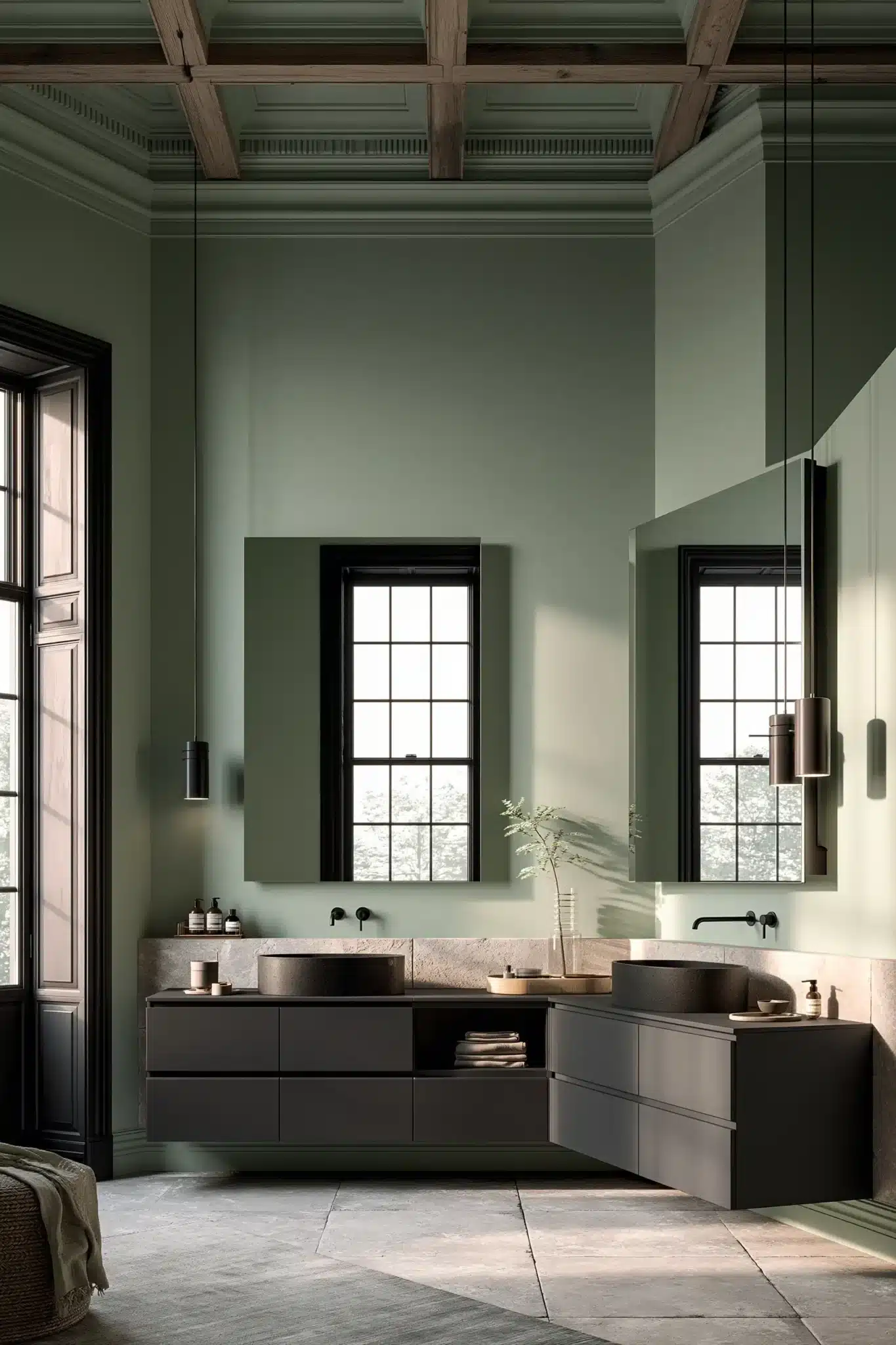 sage green and black bathroom