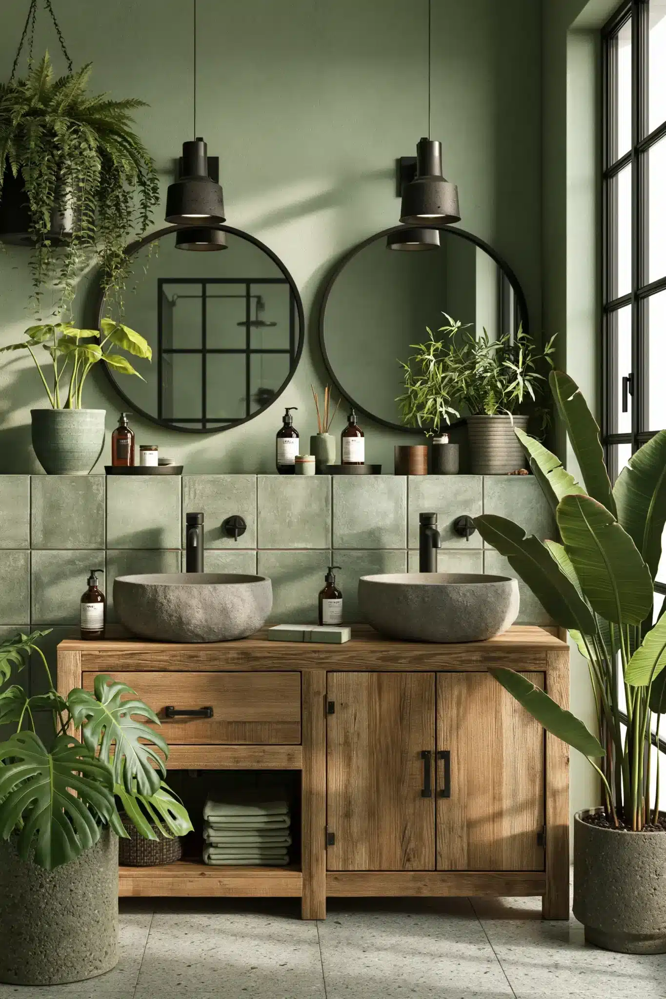 sage green and black bathroom