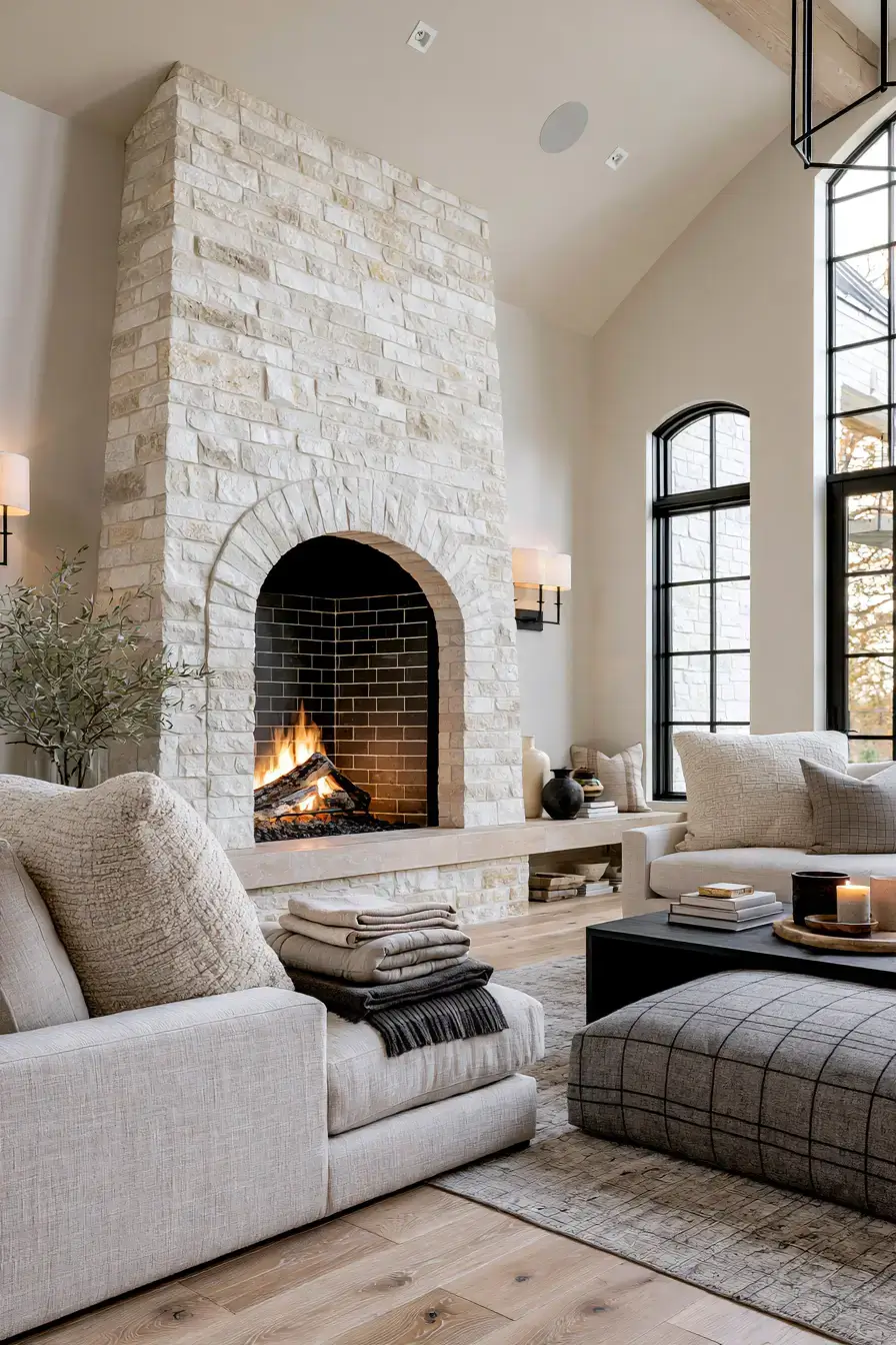 white stone fireplace