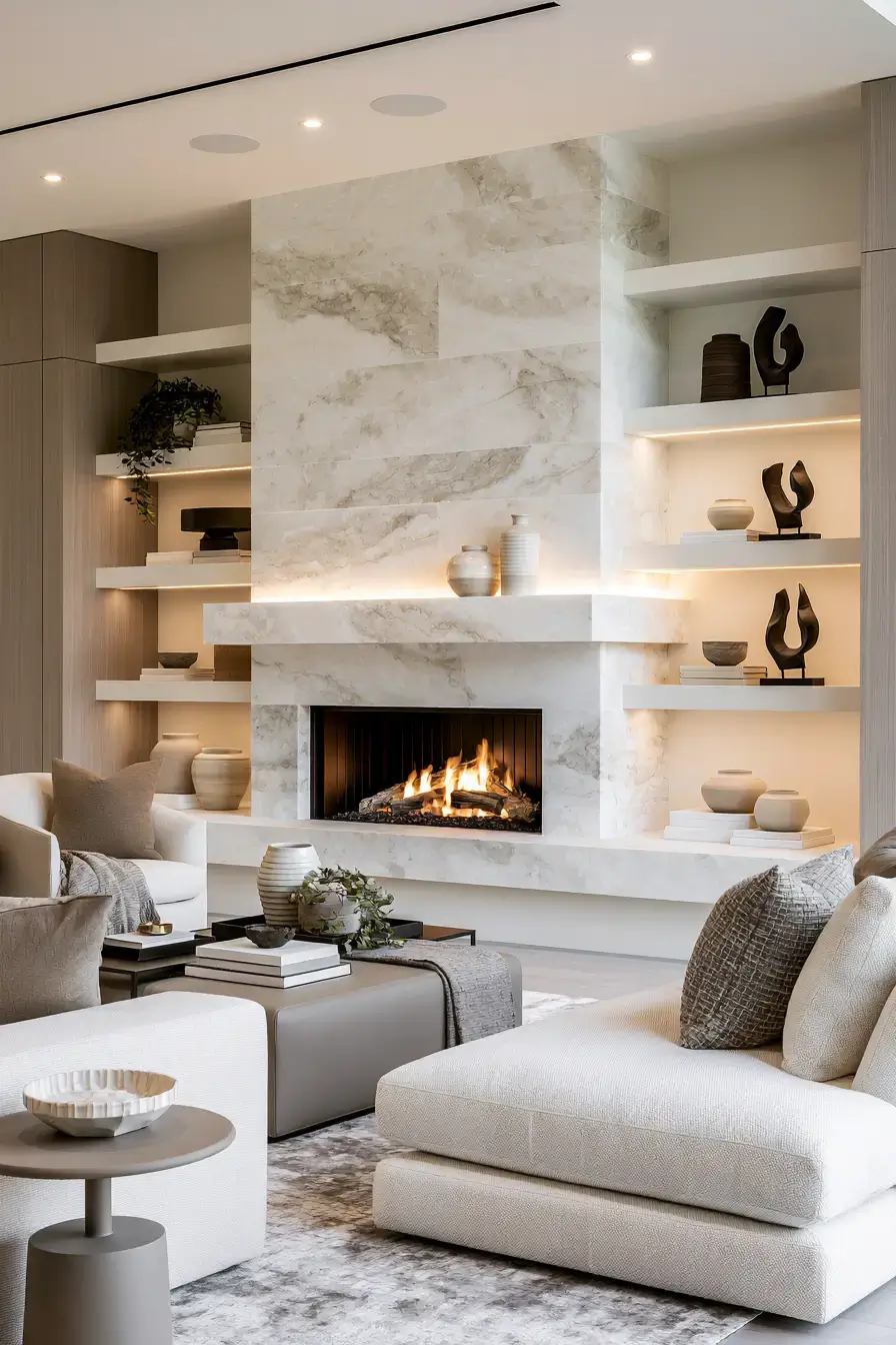 white stone fireplace