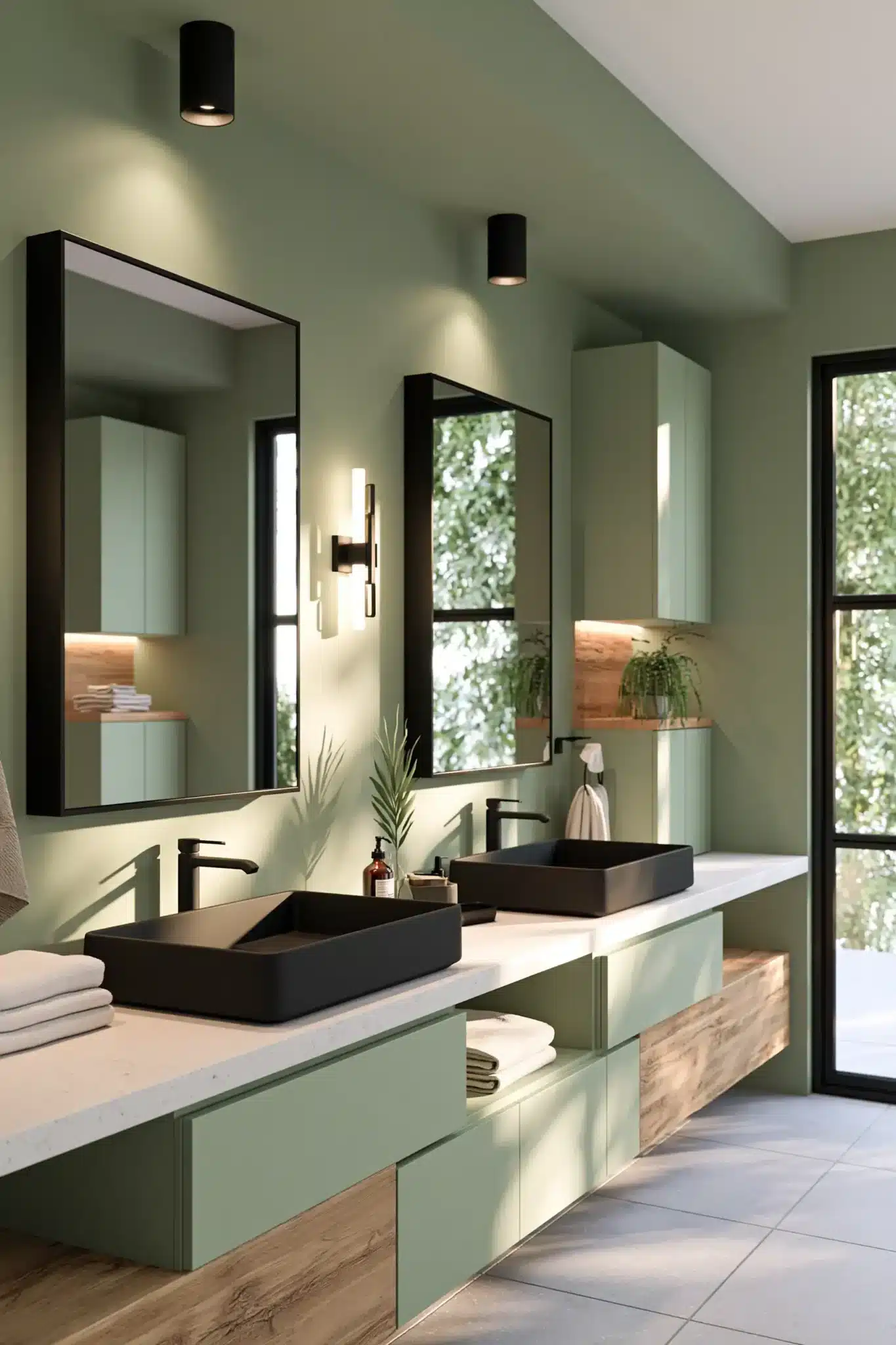 sage green and black bathroom