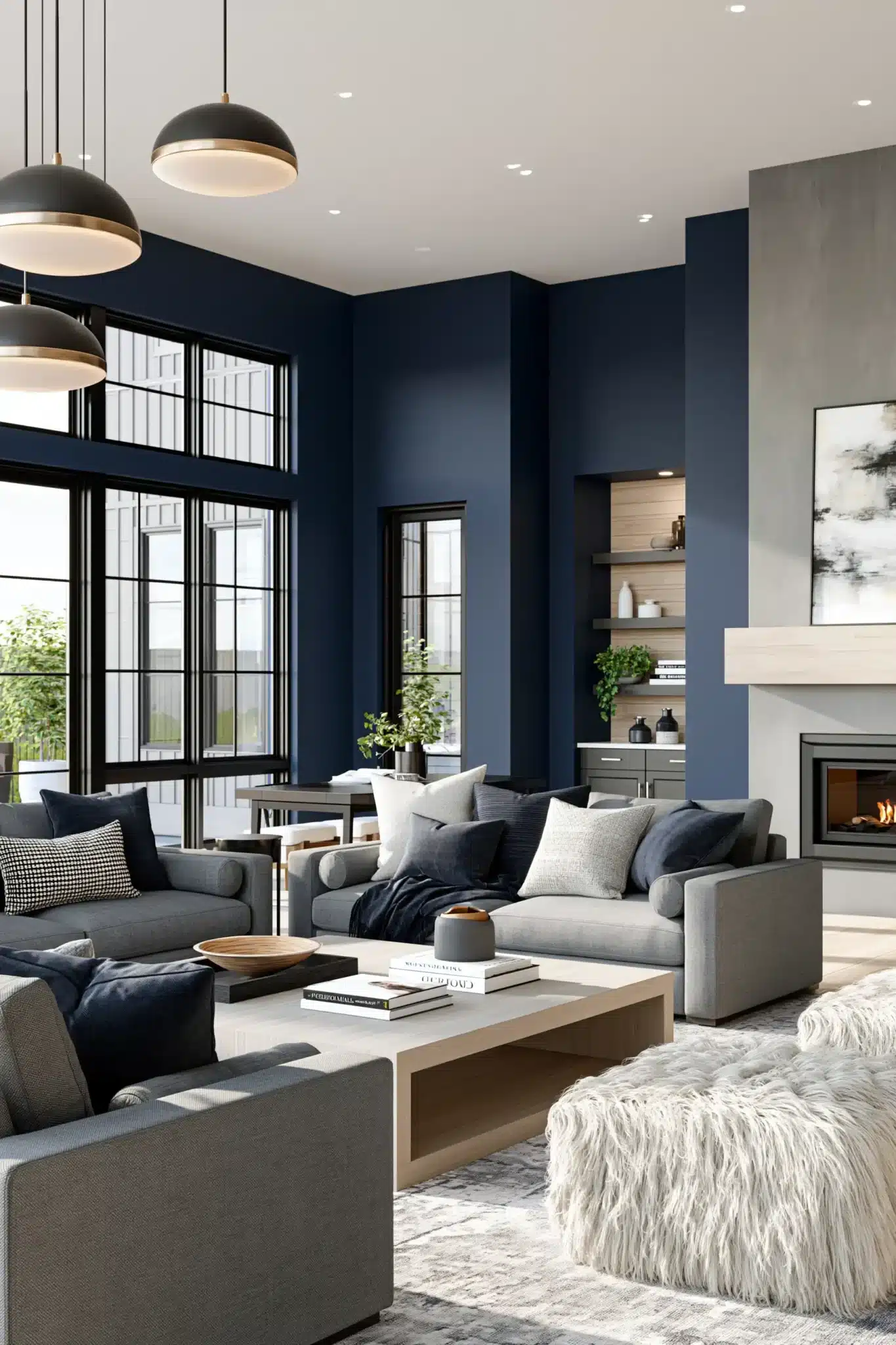 navy blue and grey living room