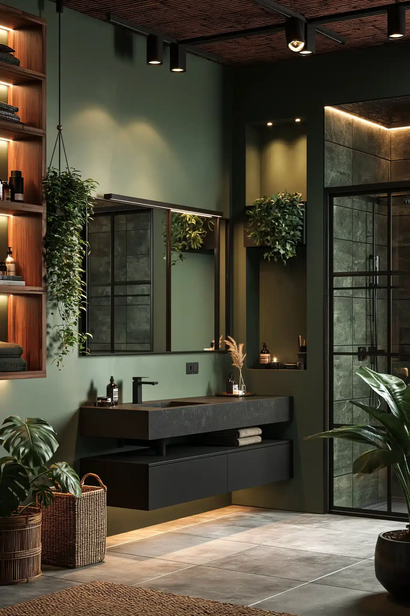 sage green and black bathroom
