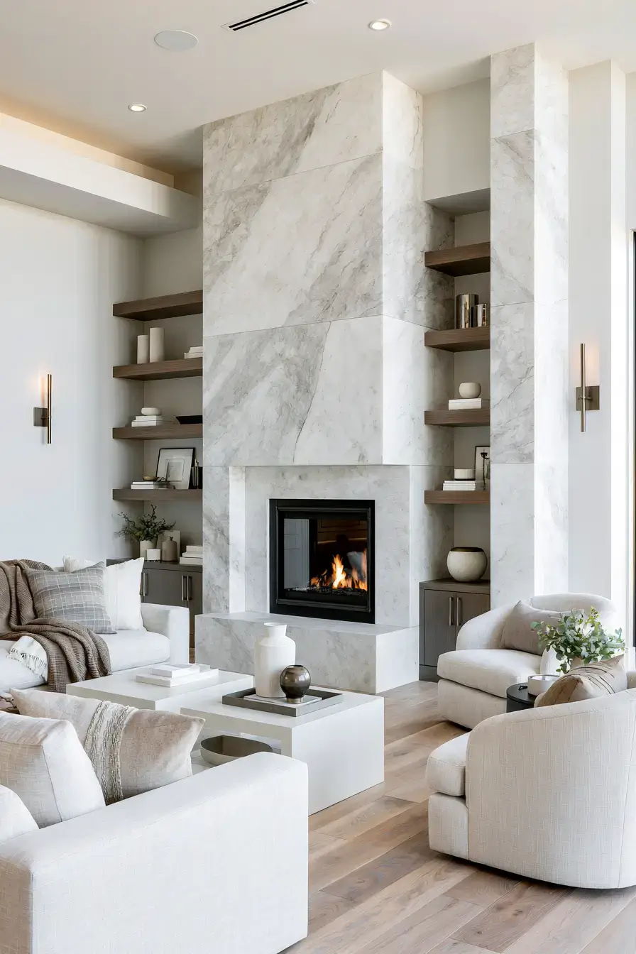 white stone fireplace