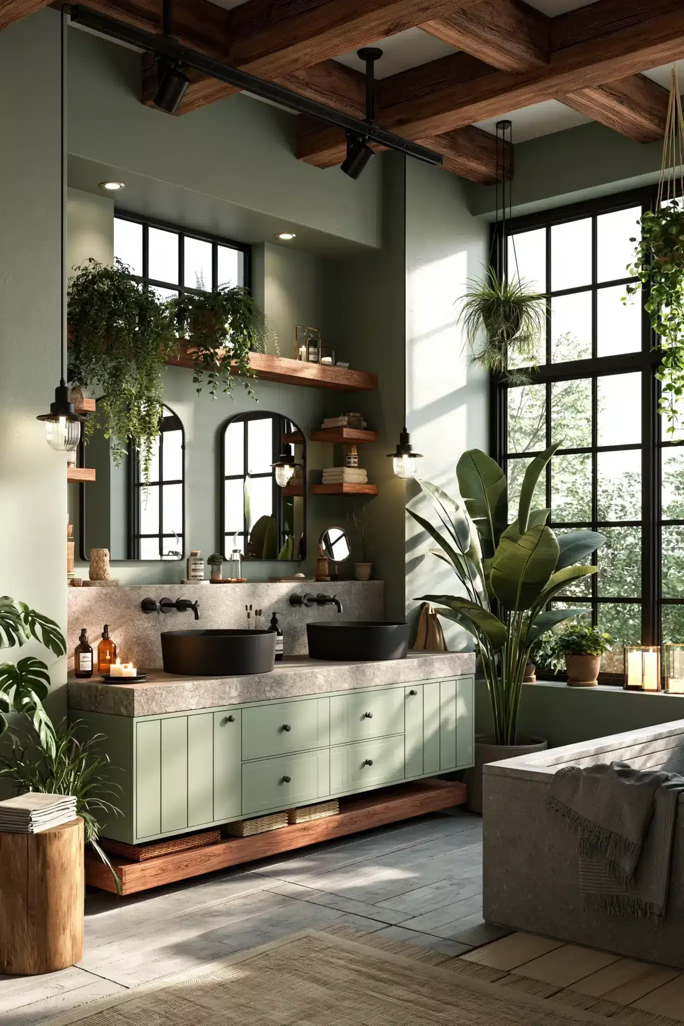 sage green and black bathroom