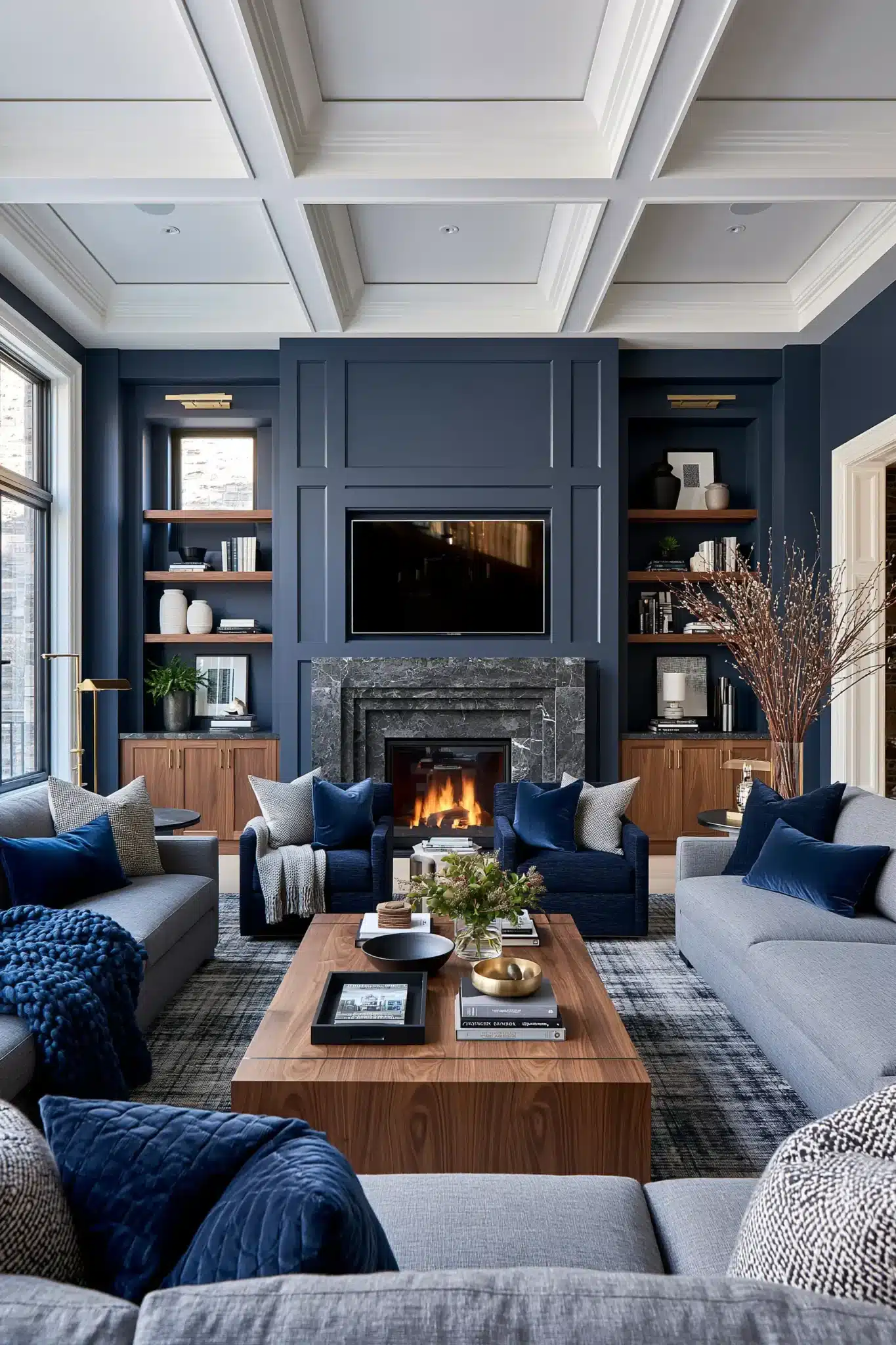 navy blue and grey living room