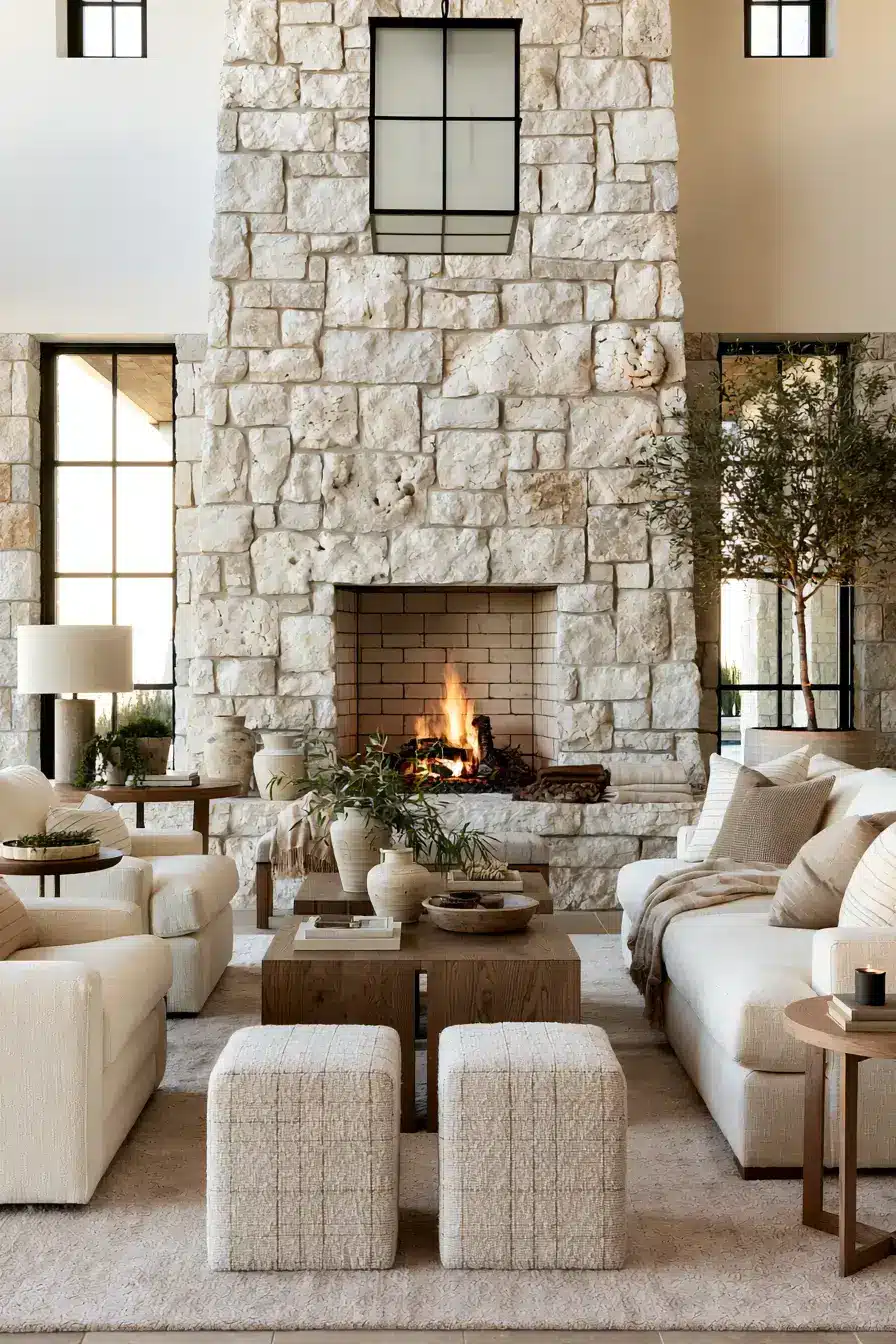 white stone fireplace