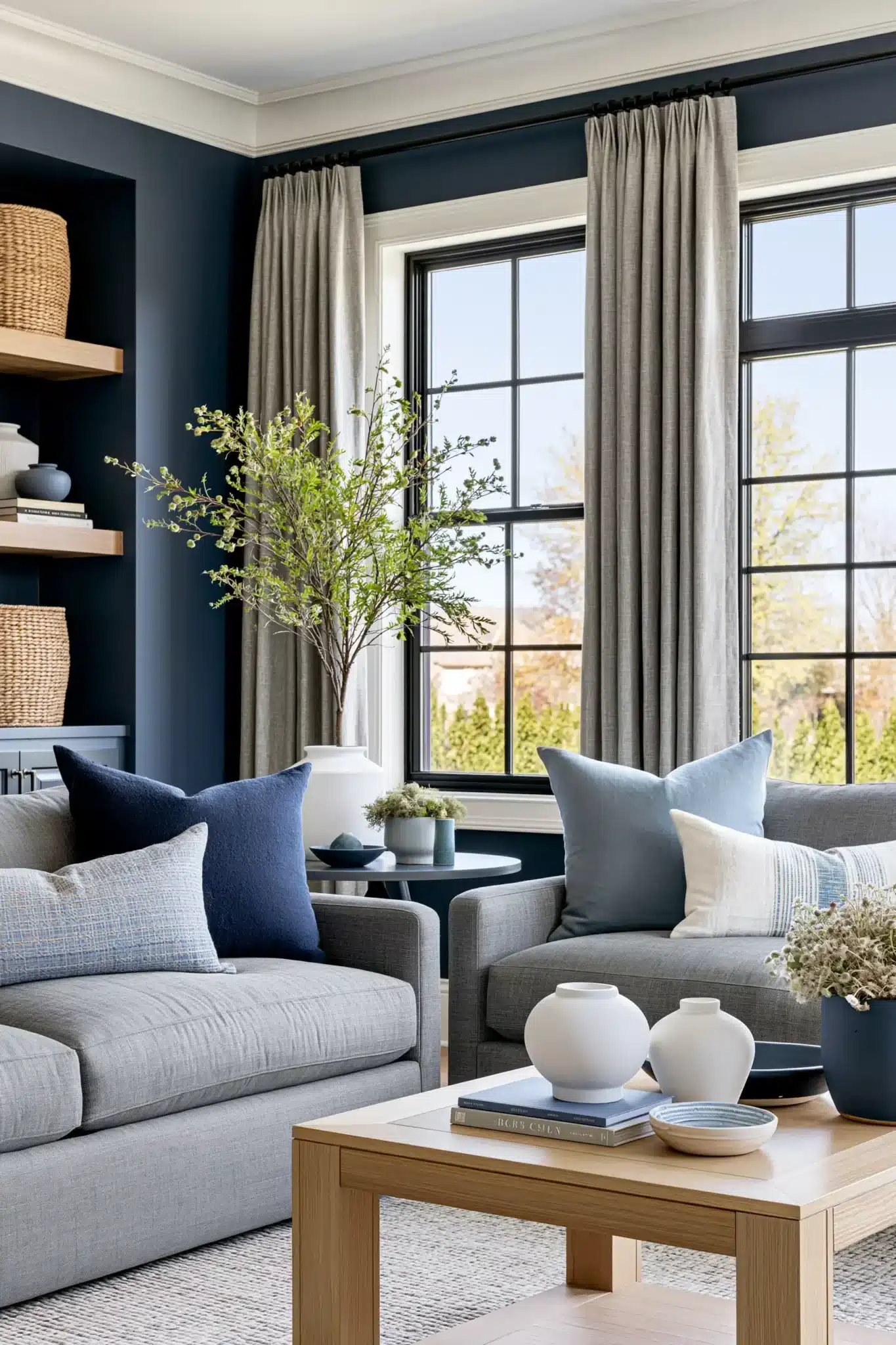 navy blue and grey living room