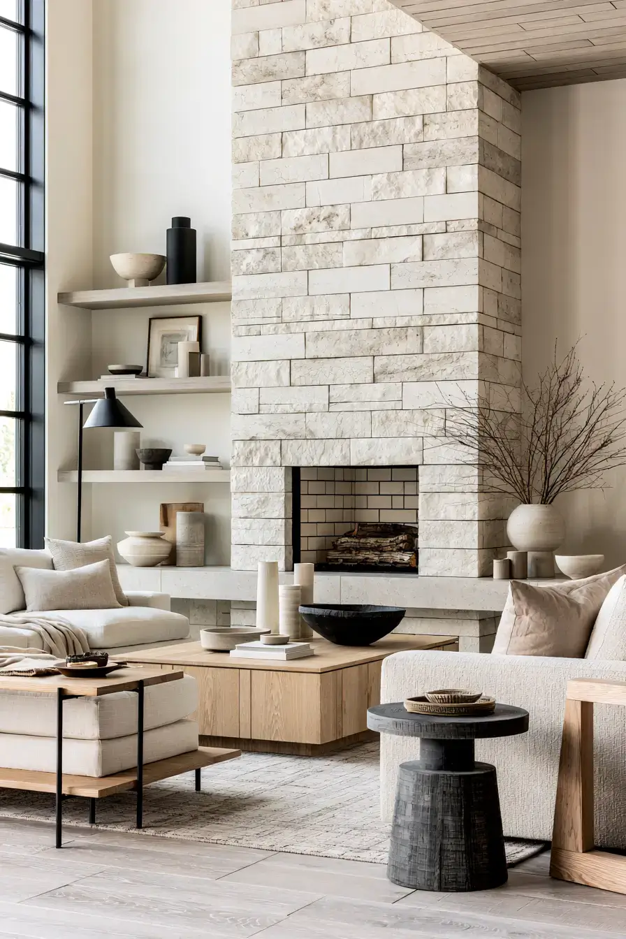 white stone fireplace