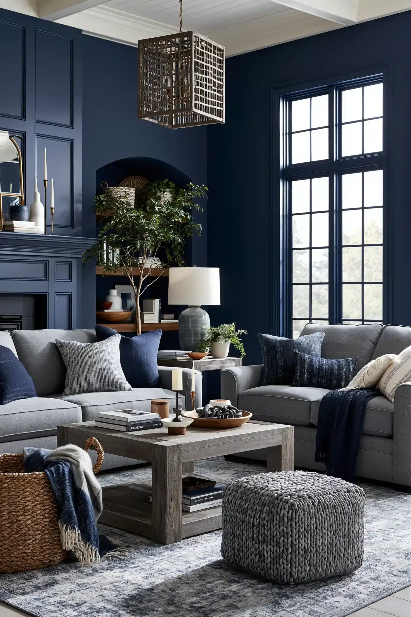navy blue and grey living room