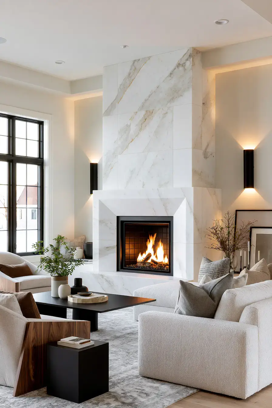 white stone fireplace