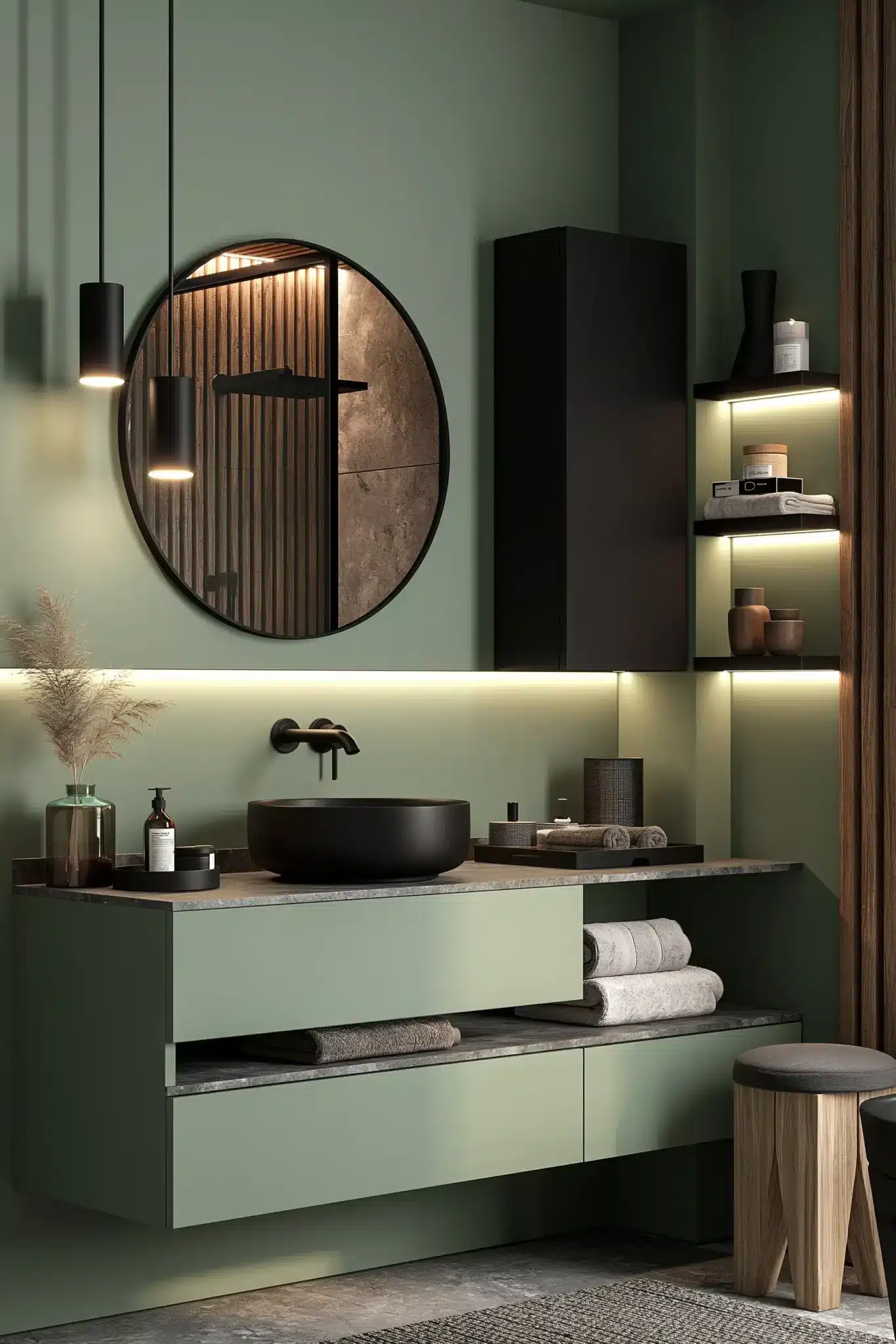 sage green and black bathroom
