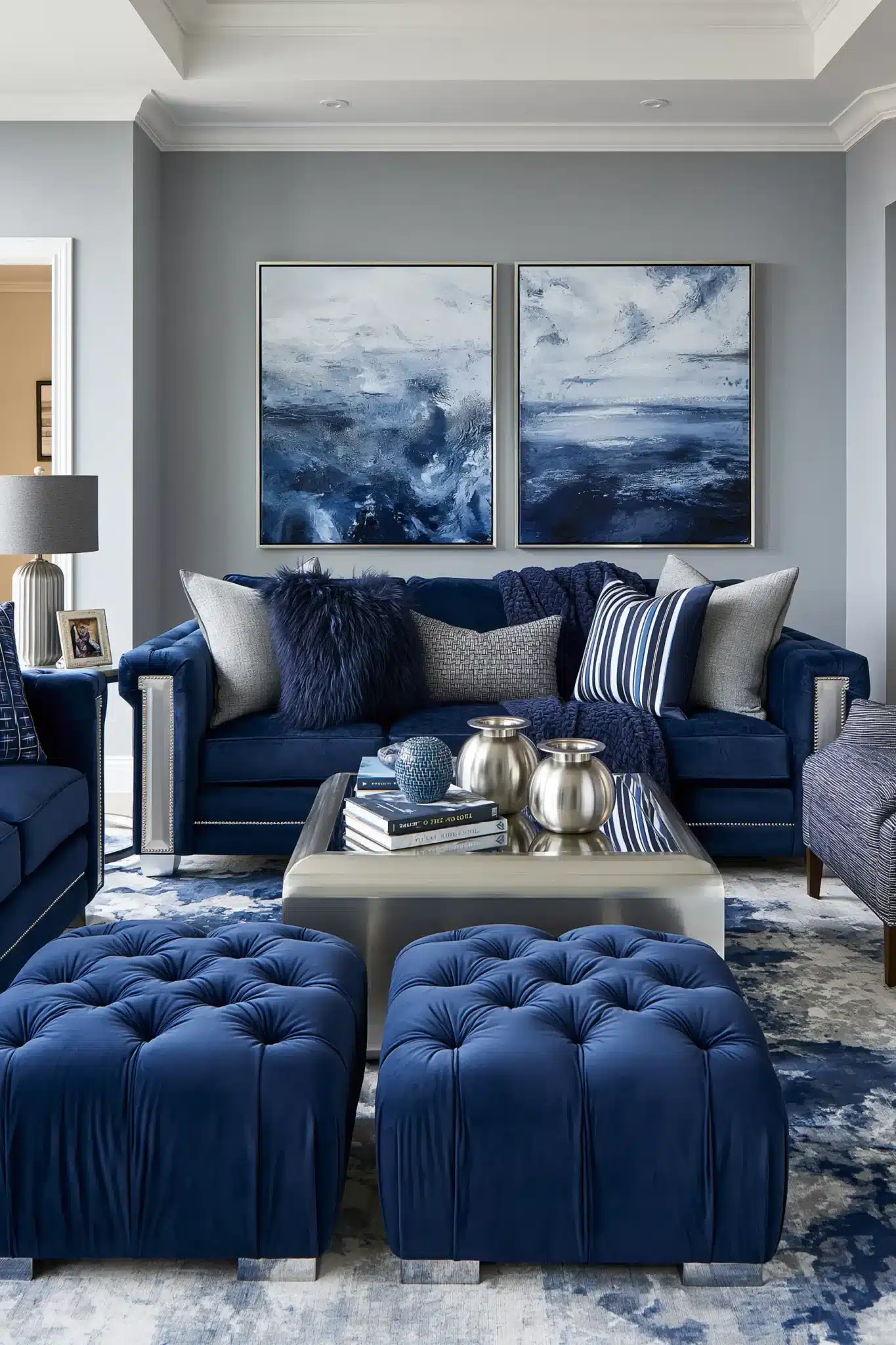 navy blue and grey living room