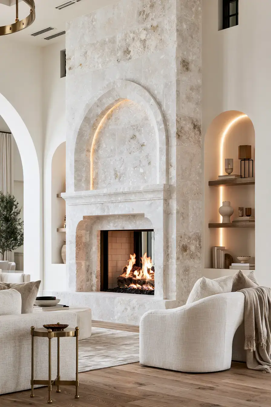 white stone fireplace