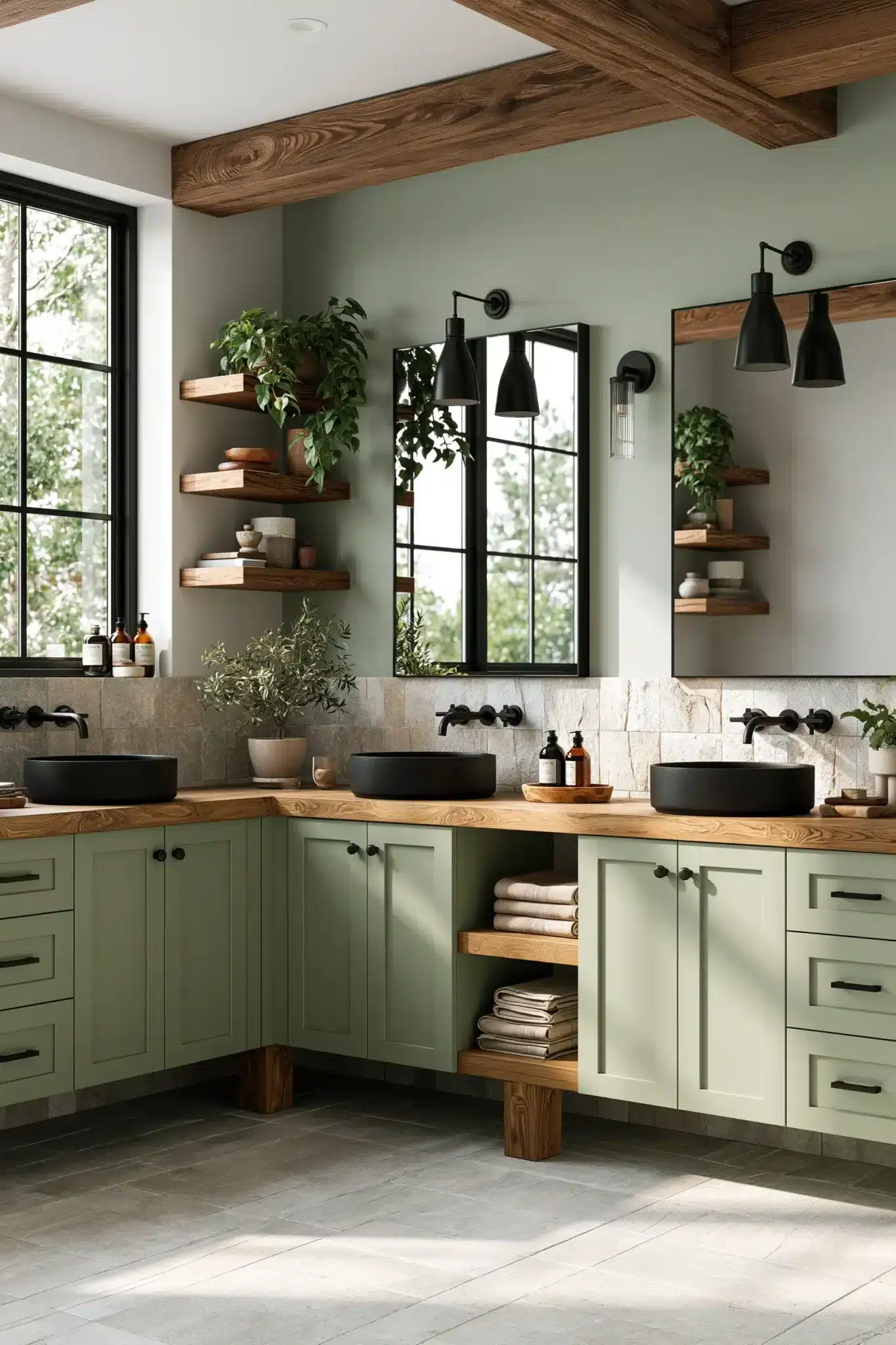sage green and black bathroom