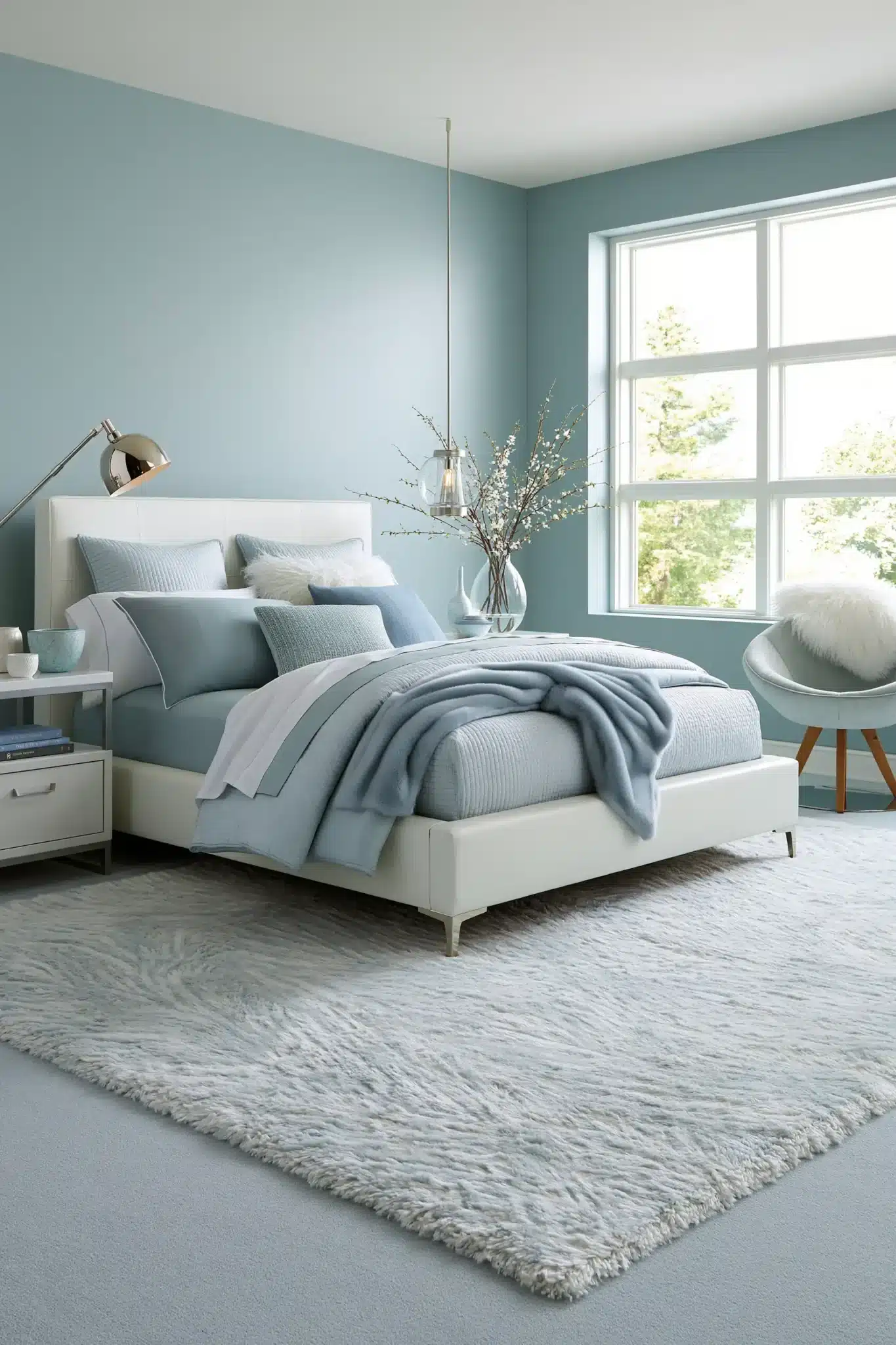 light blue and white bedroom