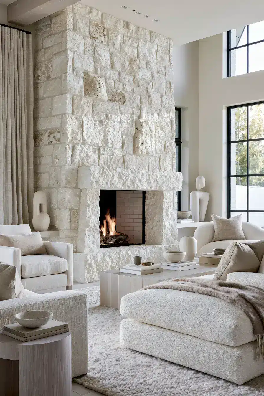 white stone fireplace