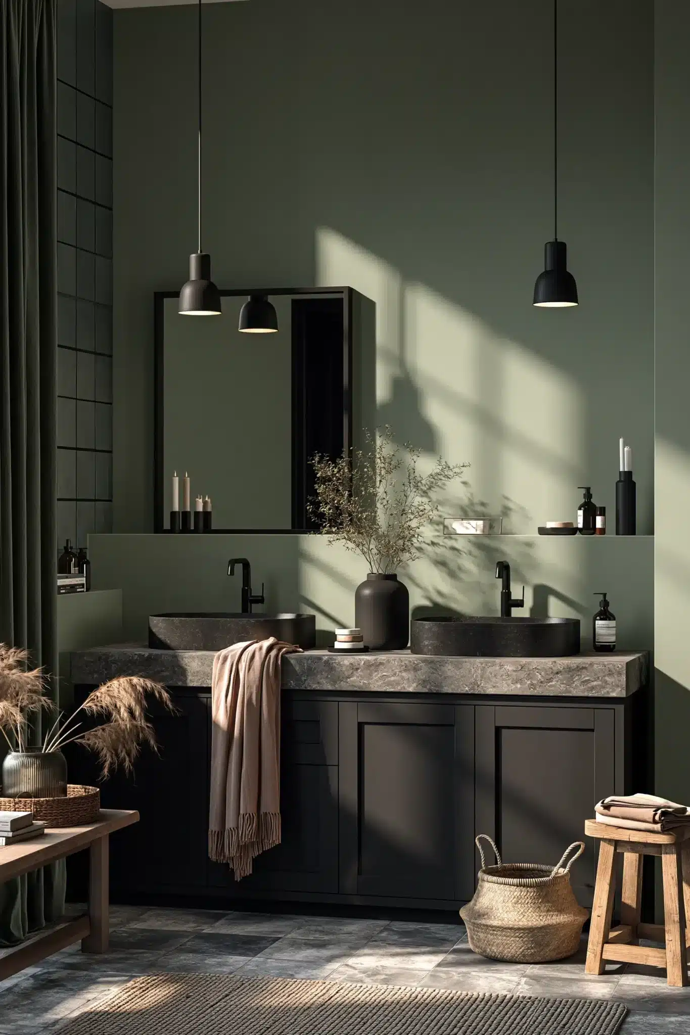 sage green and black bathroom
