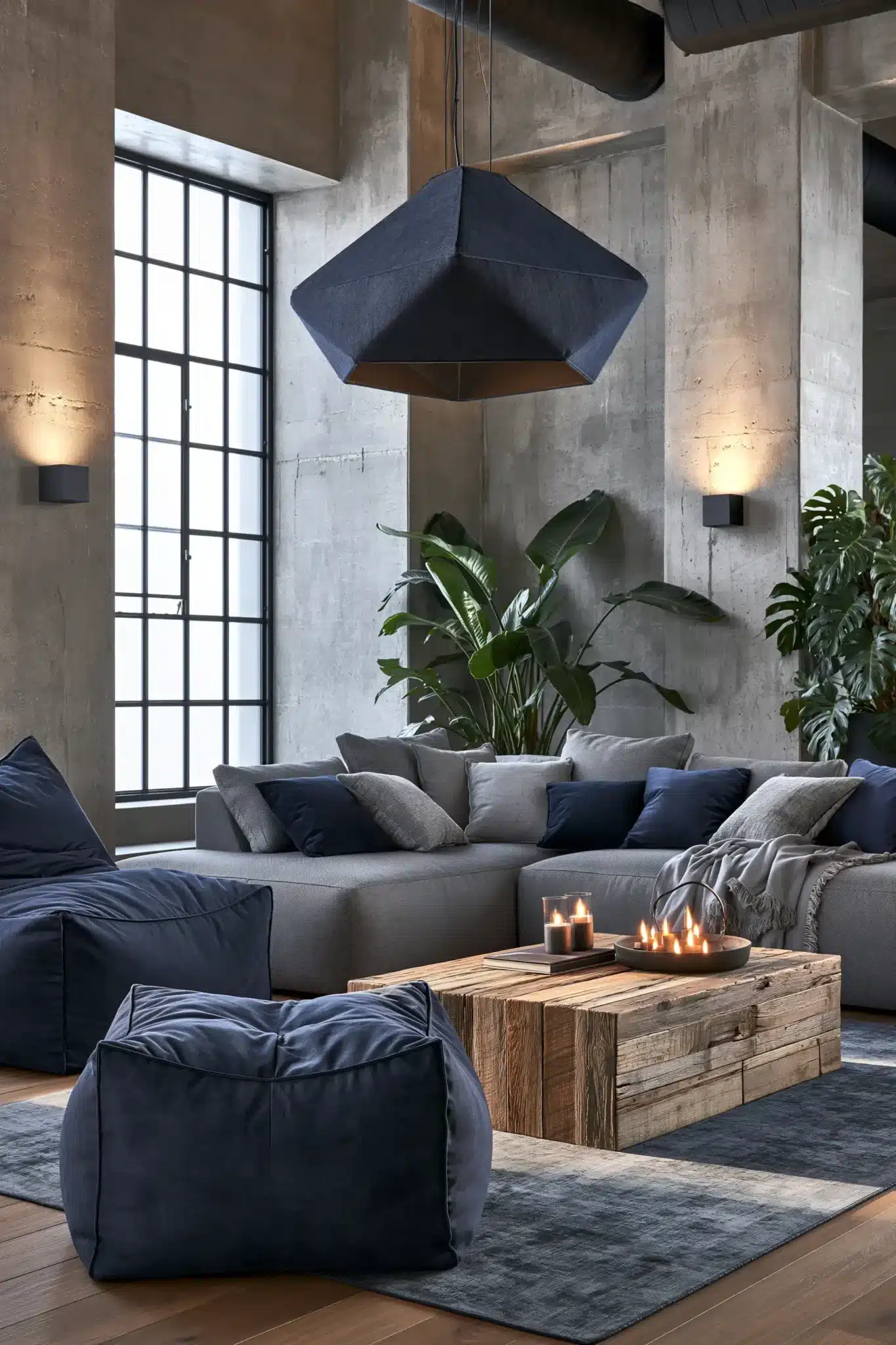 navy blue and grey living room