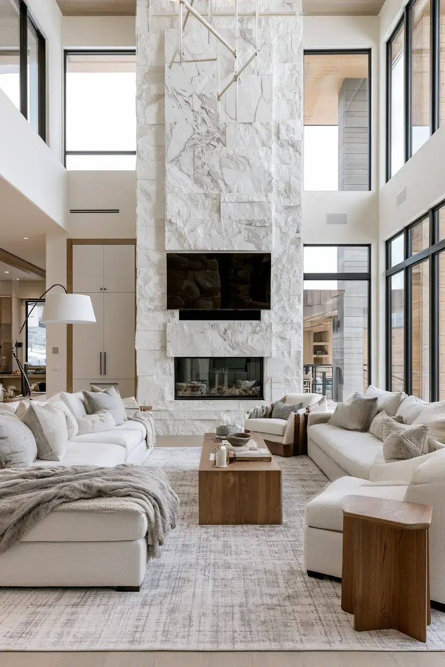 white stone fireplace