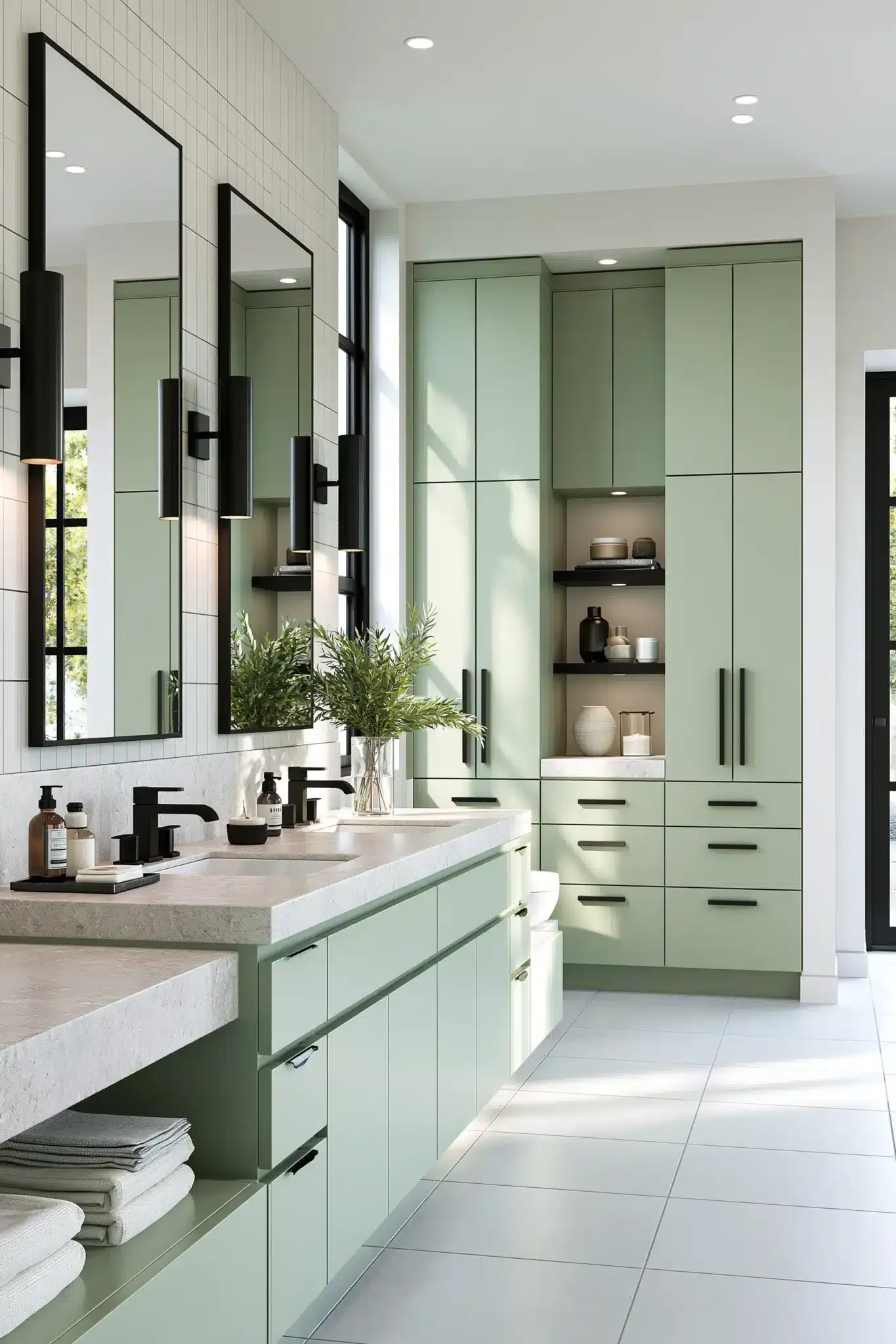 sage green and black bathroom