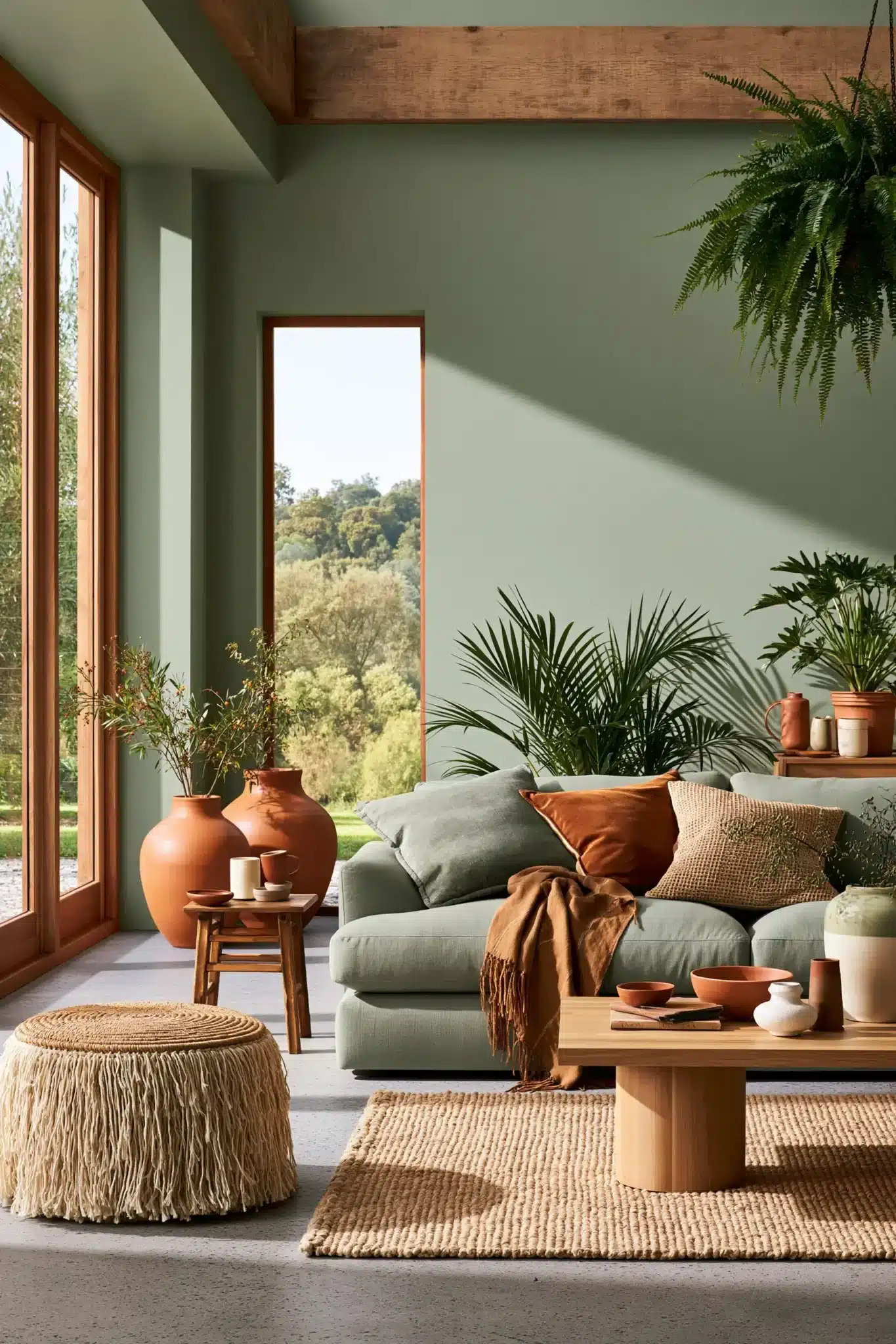 sage green and brown living room