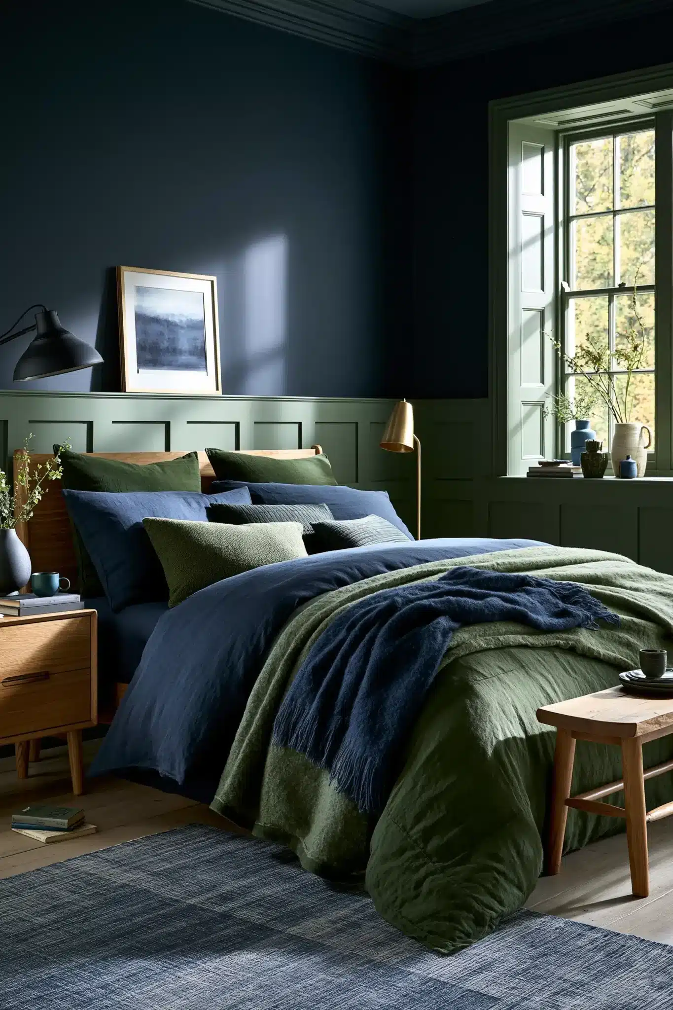 navy blue and green bedroom