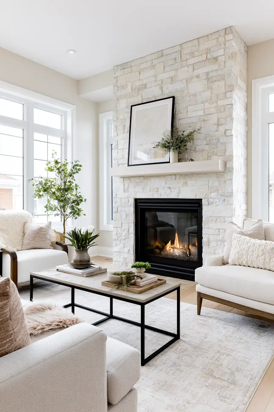 white stone fireplace