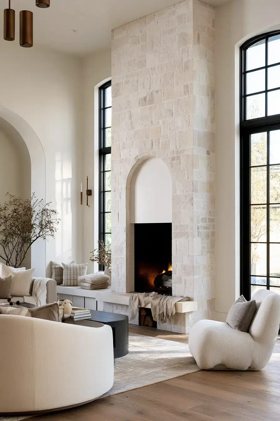 white stone fireplace