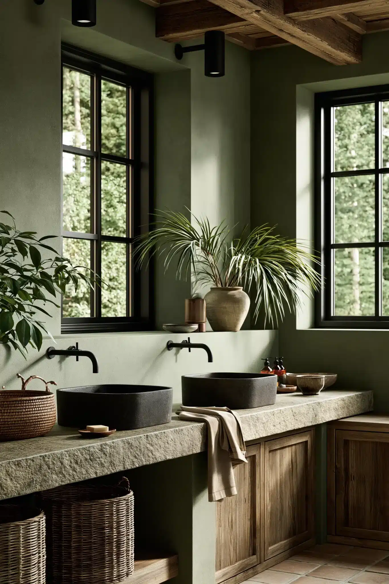 sage green and black bathroom
