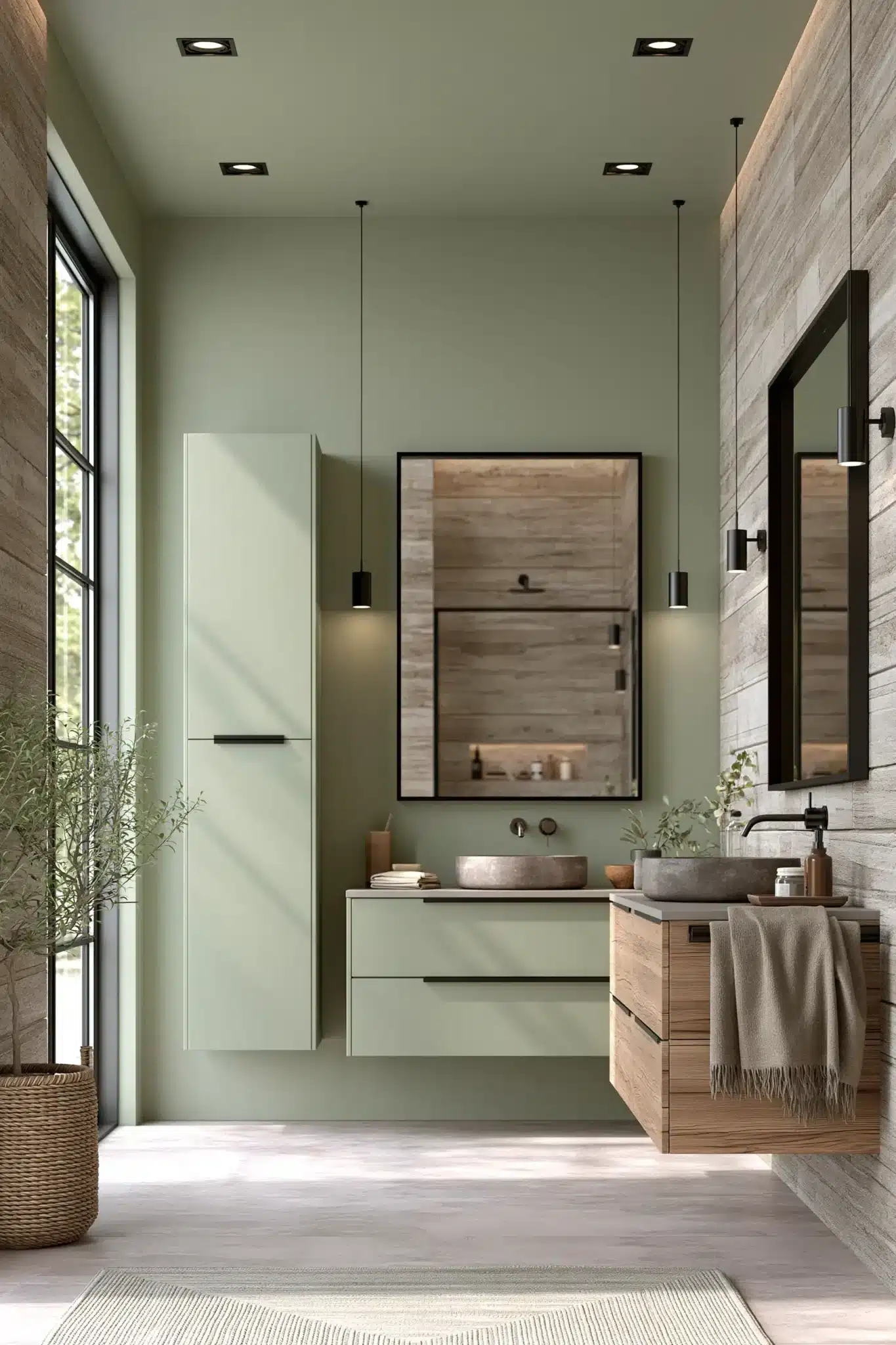 sage green and black bathroom