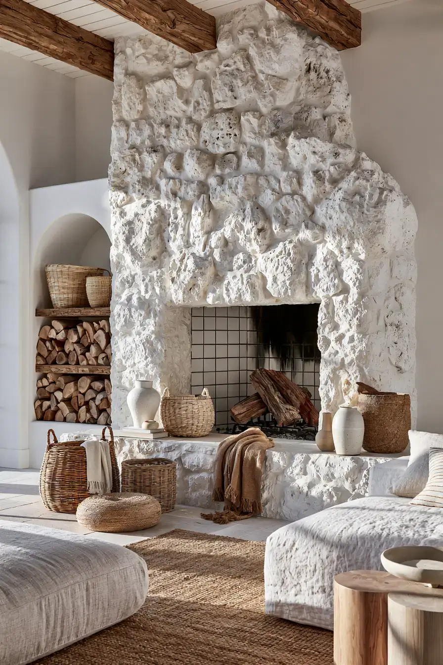 white stone fireplace