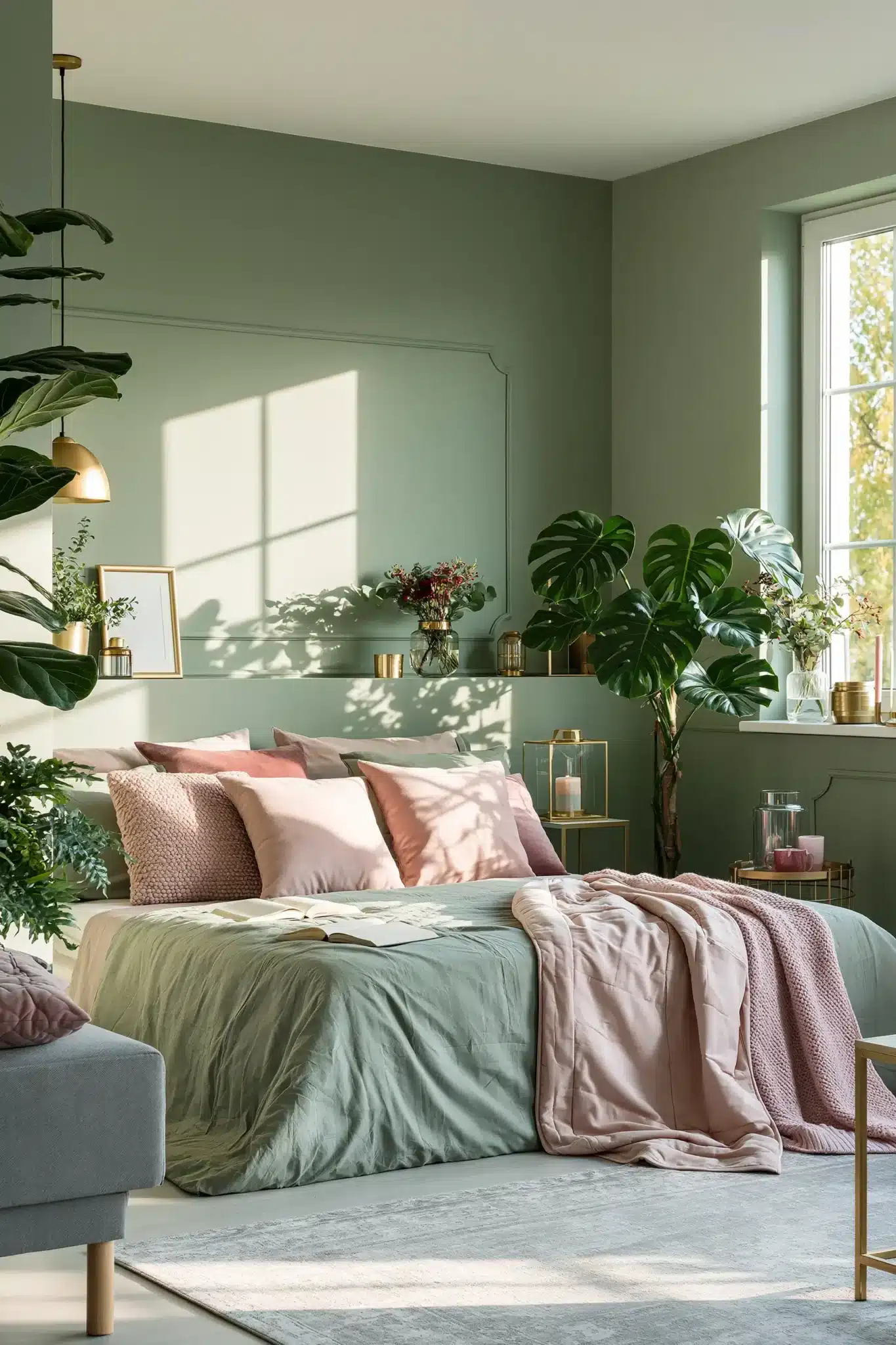 sage green and blush bedroom