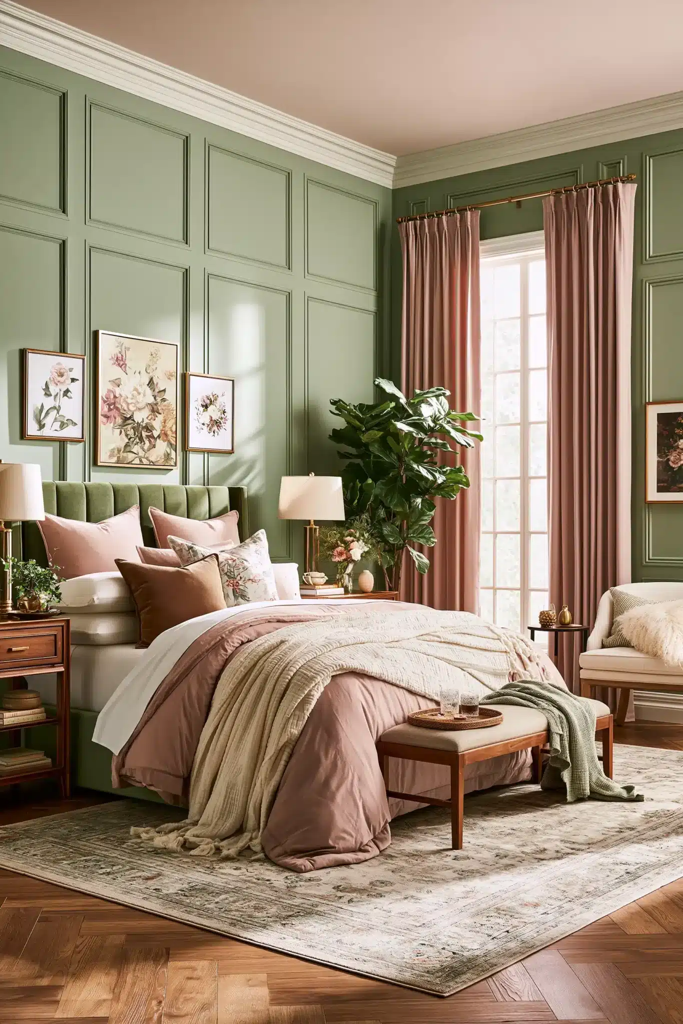 sage green and blush bedroom