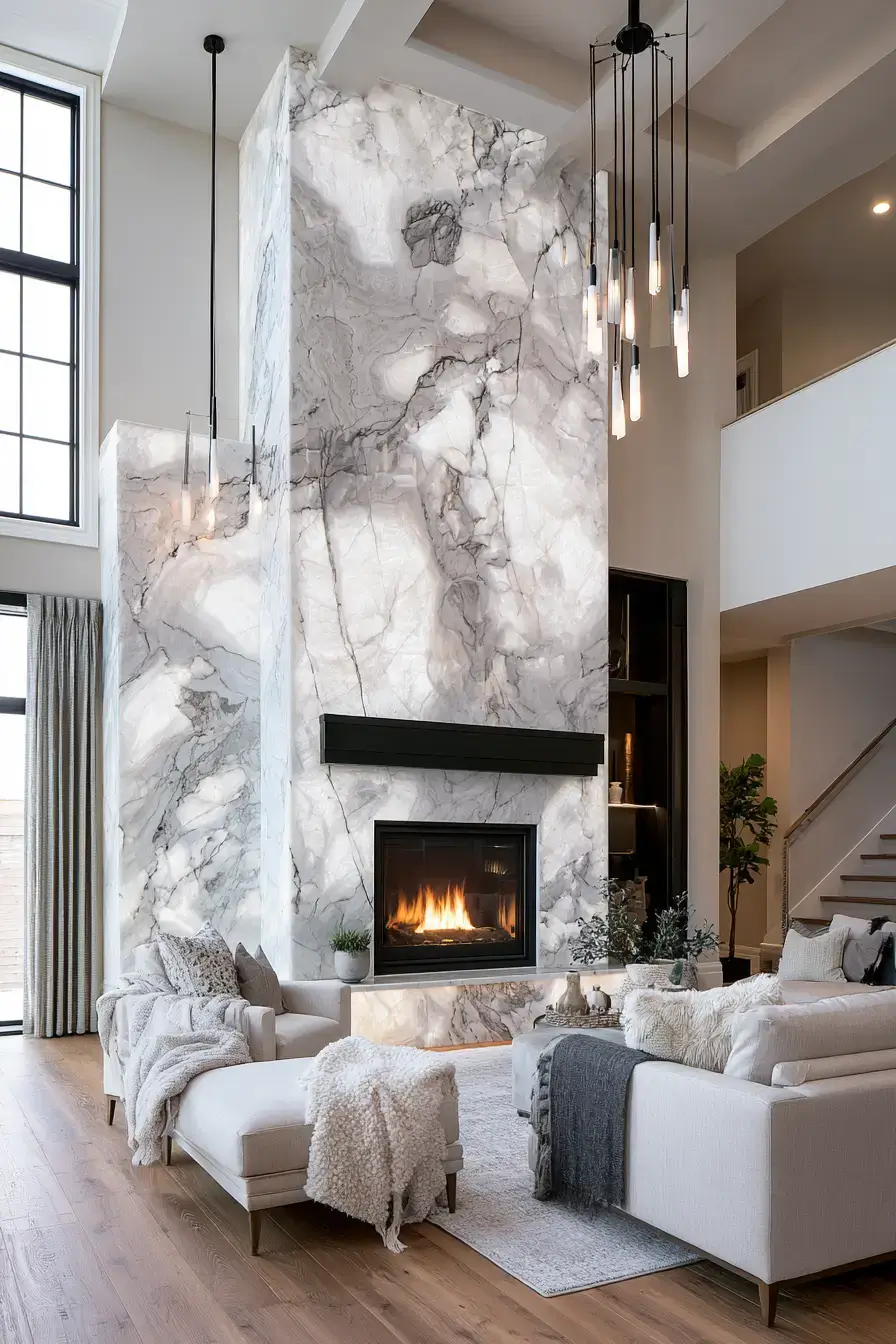 white stone fireplace
