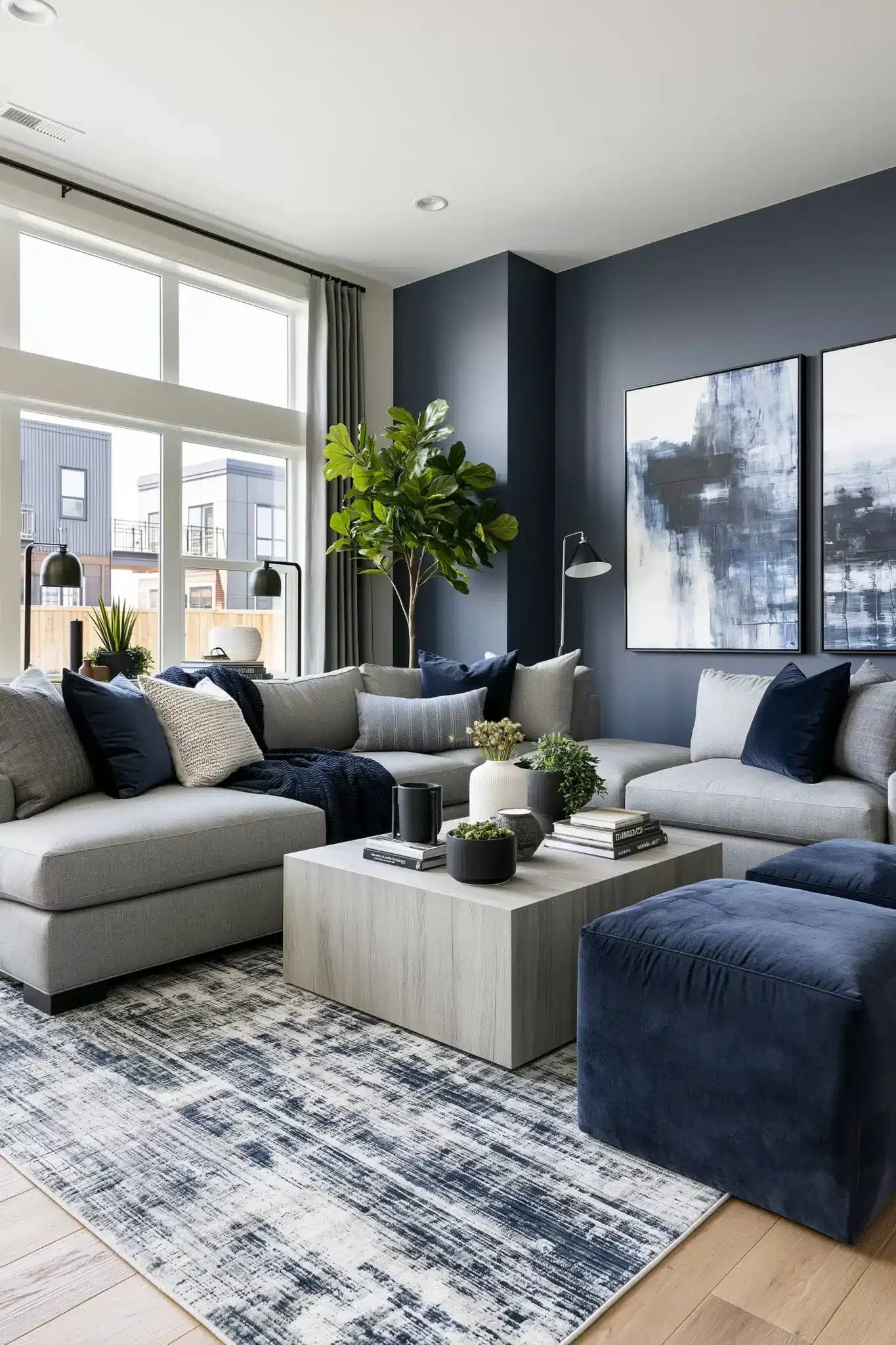 navy blue and grey living room