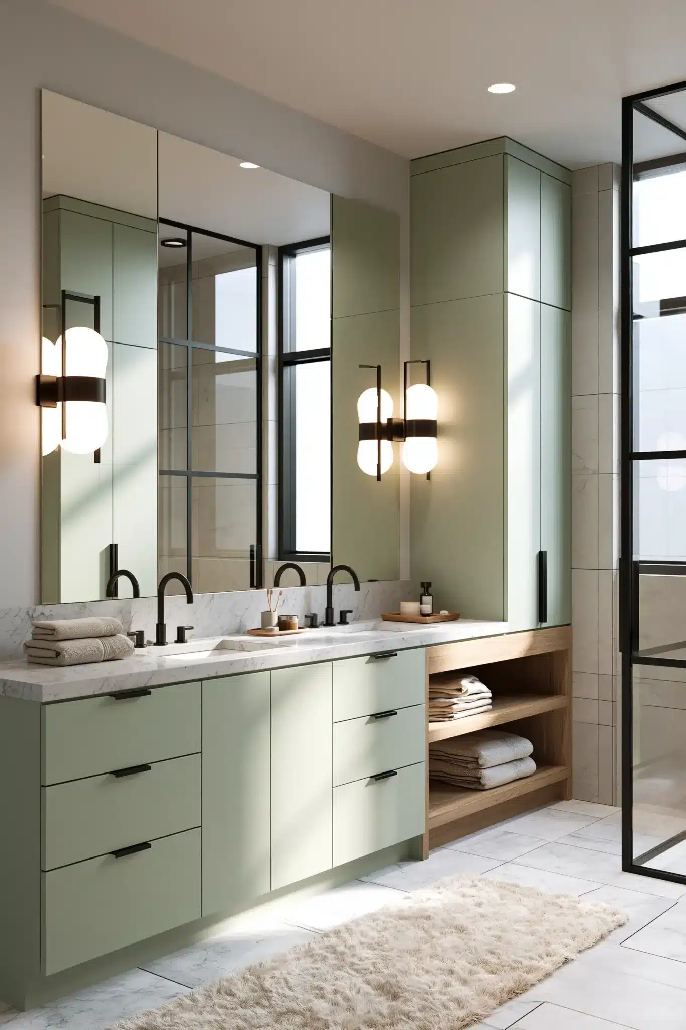 sage green and black bathroom