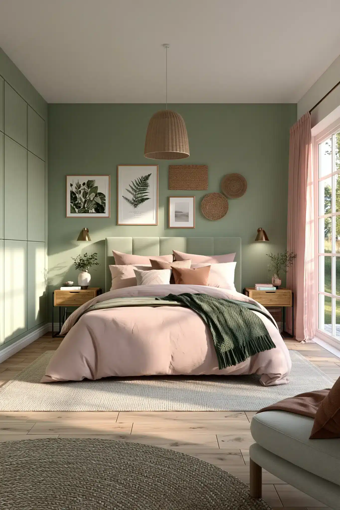 sage green and blush bedroom