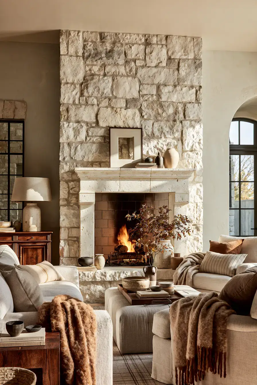 white stone fireplace