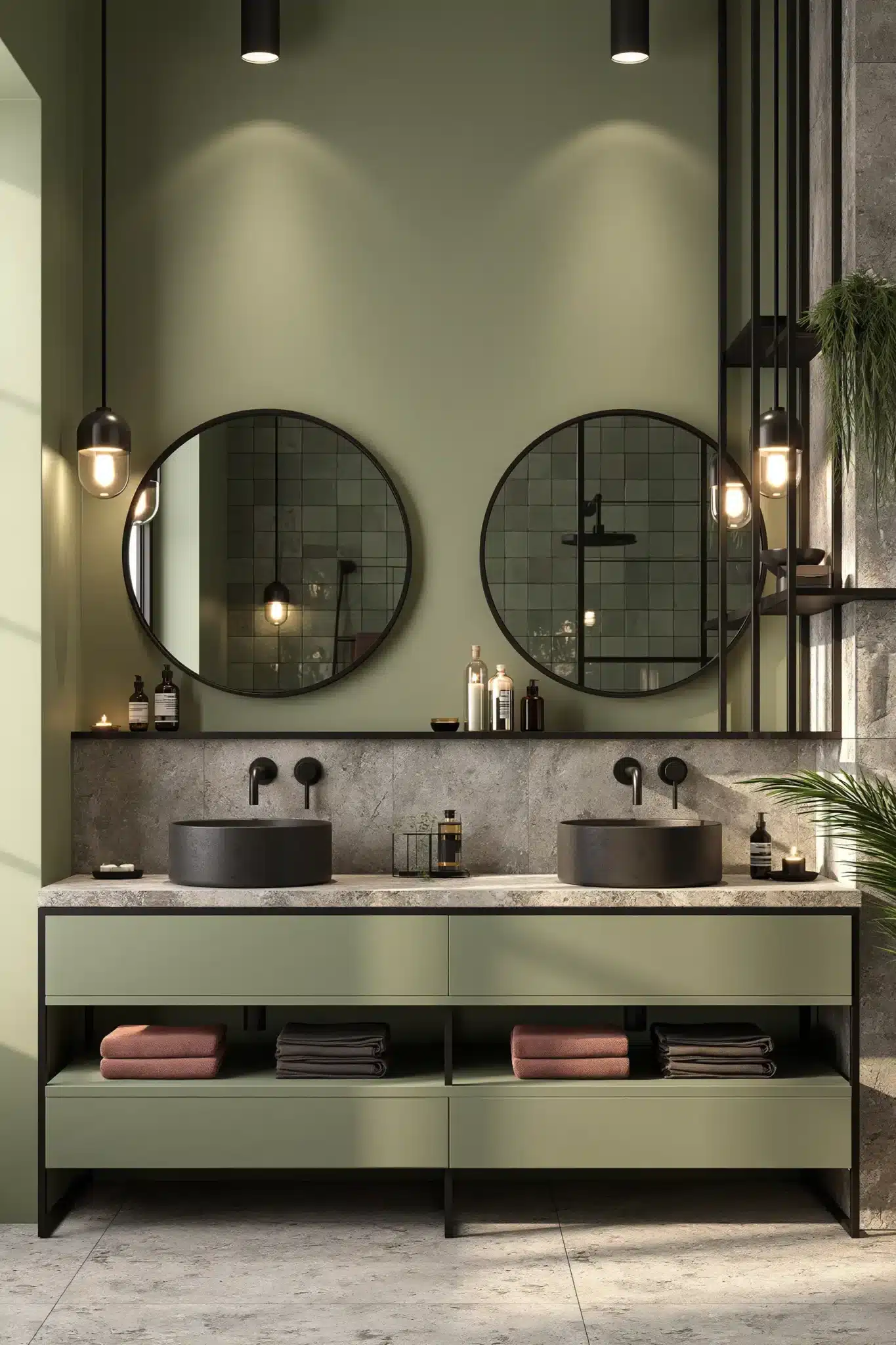 sage green and black bathroom