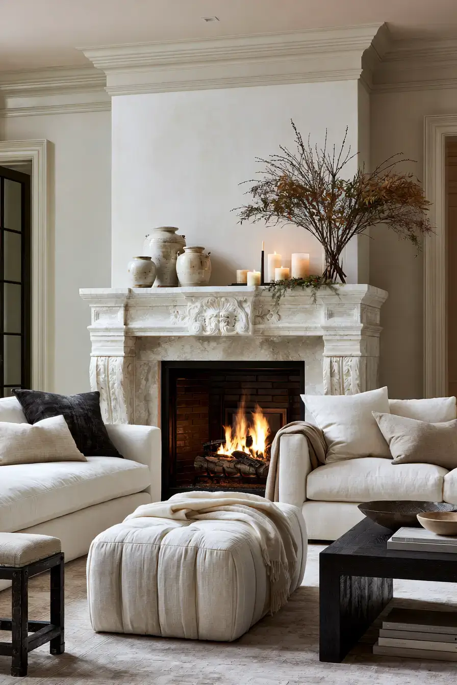 white stone fireplace