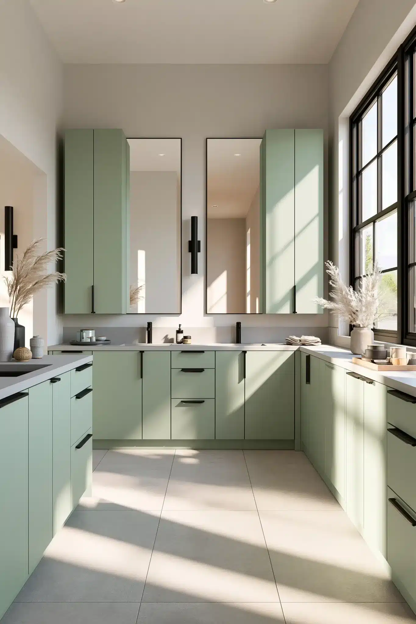 sage green and black bathroom