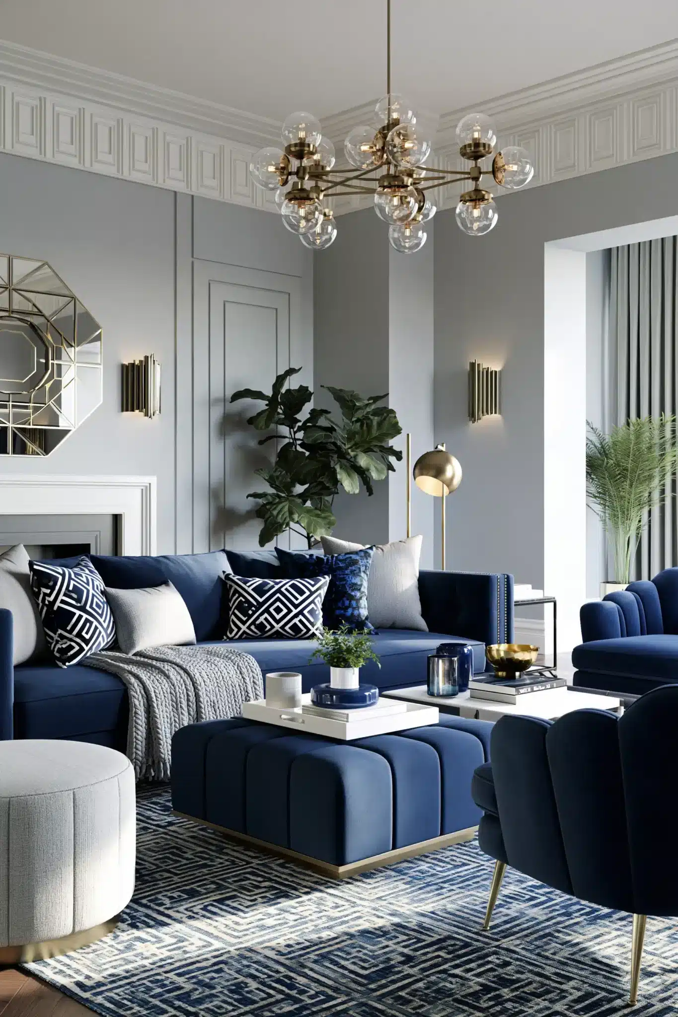 navy blue and grey living room