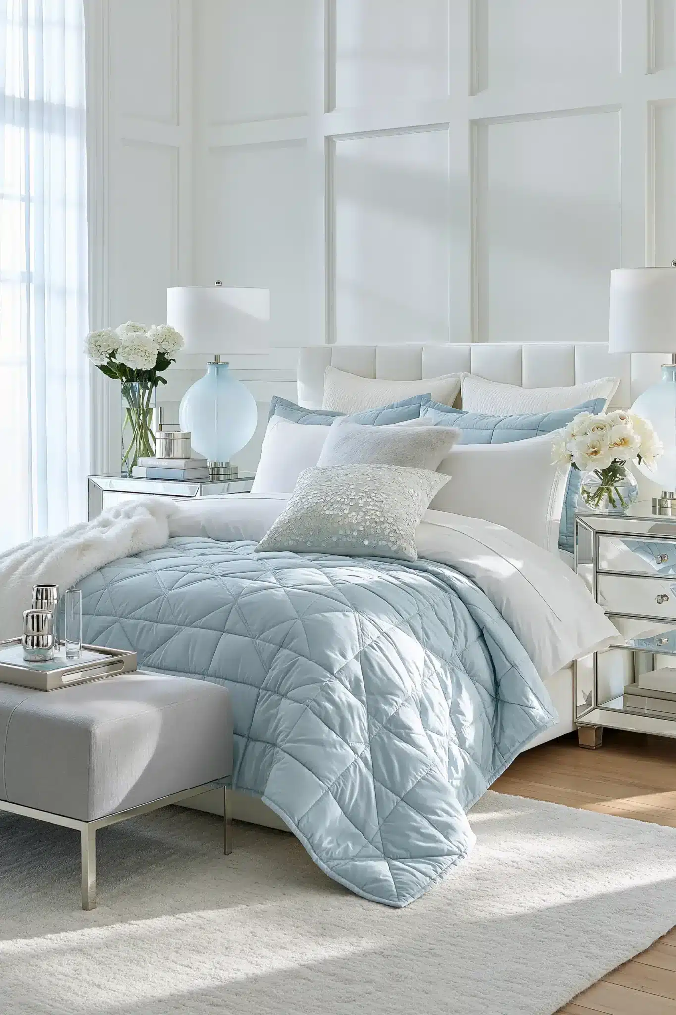 light blue and white bedroom