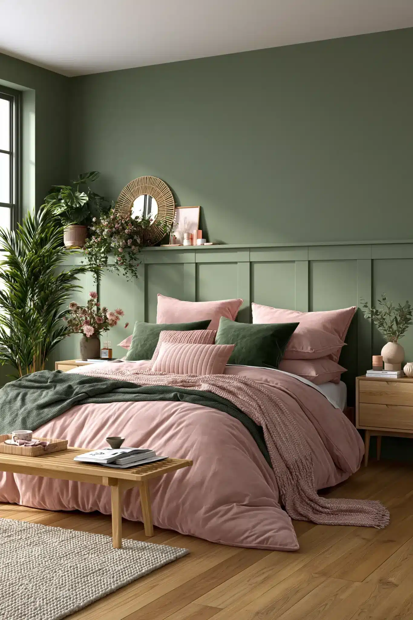 sage green and blush bedroom