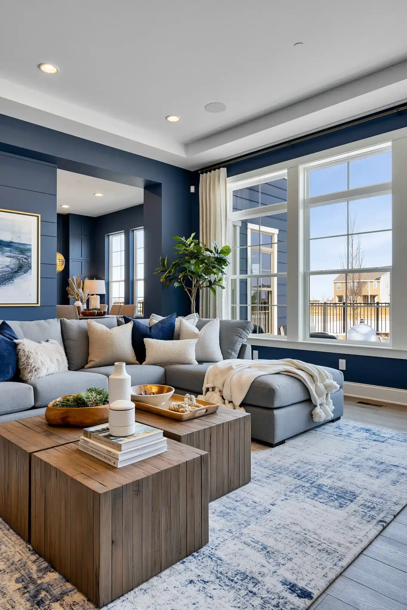 navy blue and grey living room
