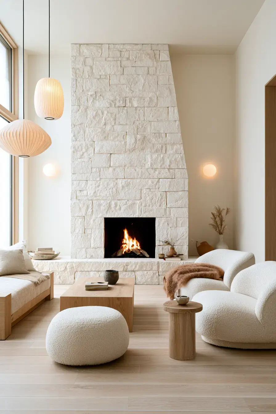 white stone fireplace