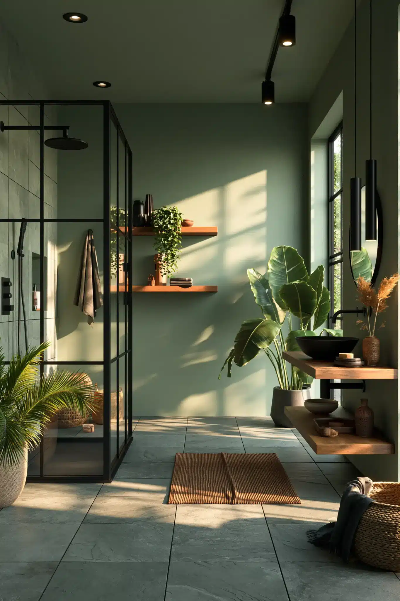 sage green and black bathroom